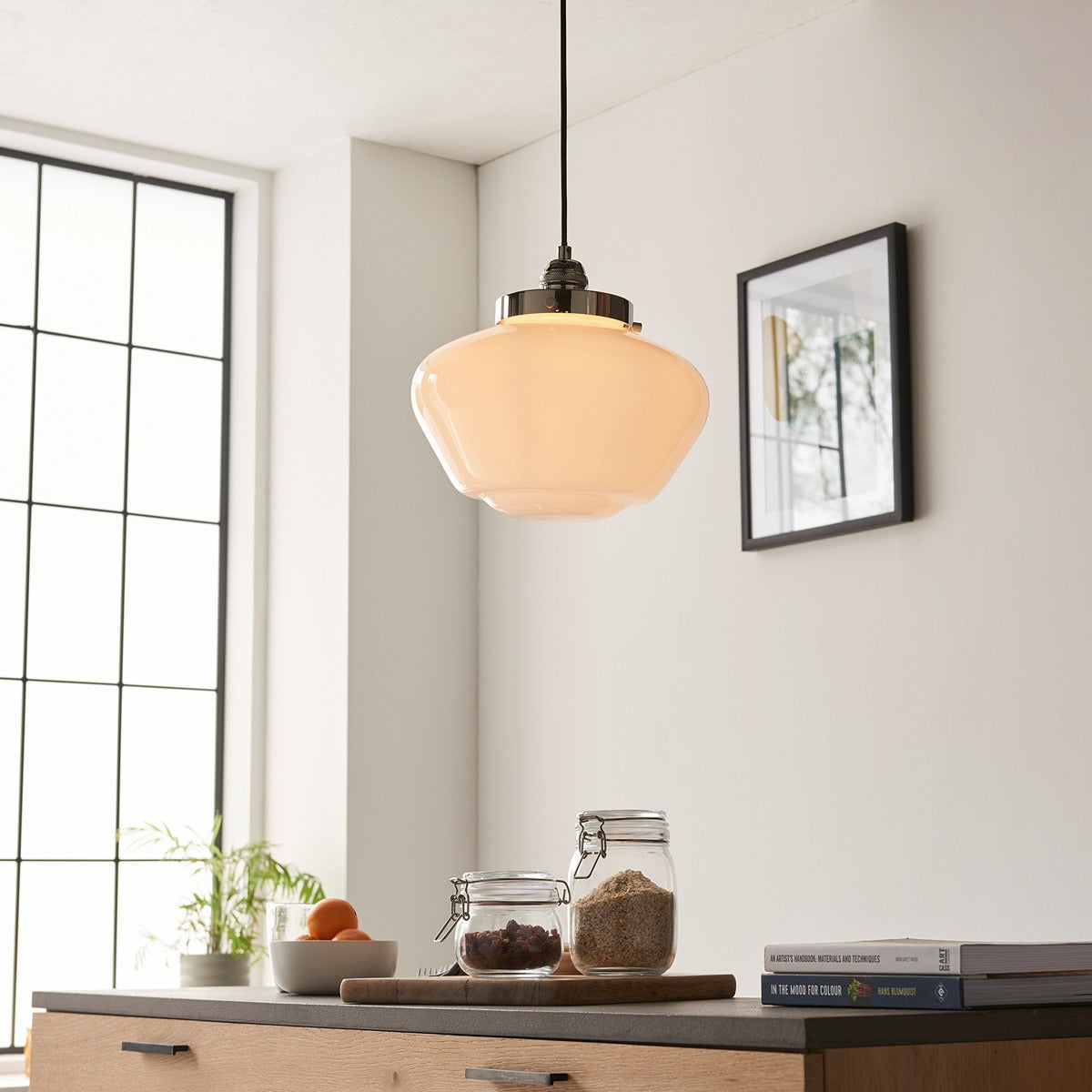 Chelsey 1 Light Pendant Light - Bright Nickel & Opal Glass