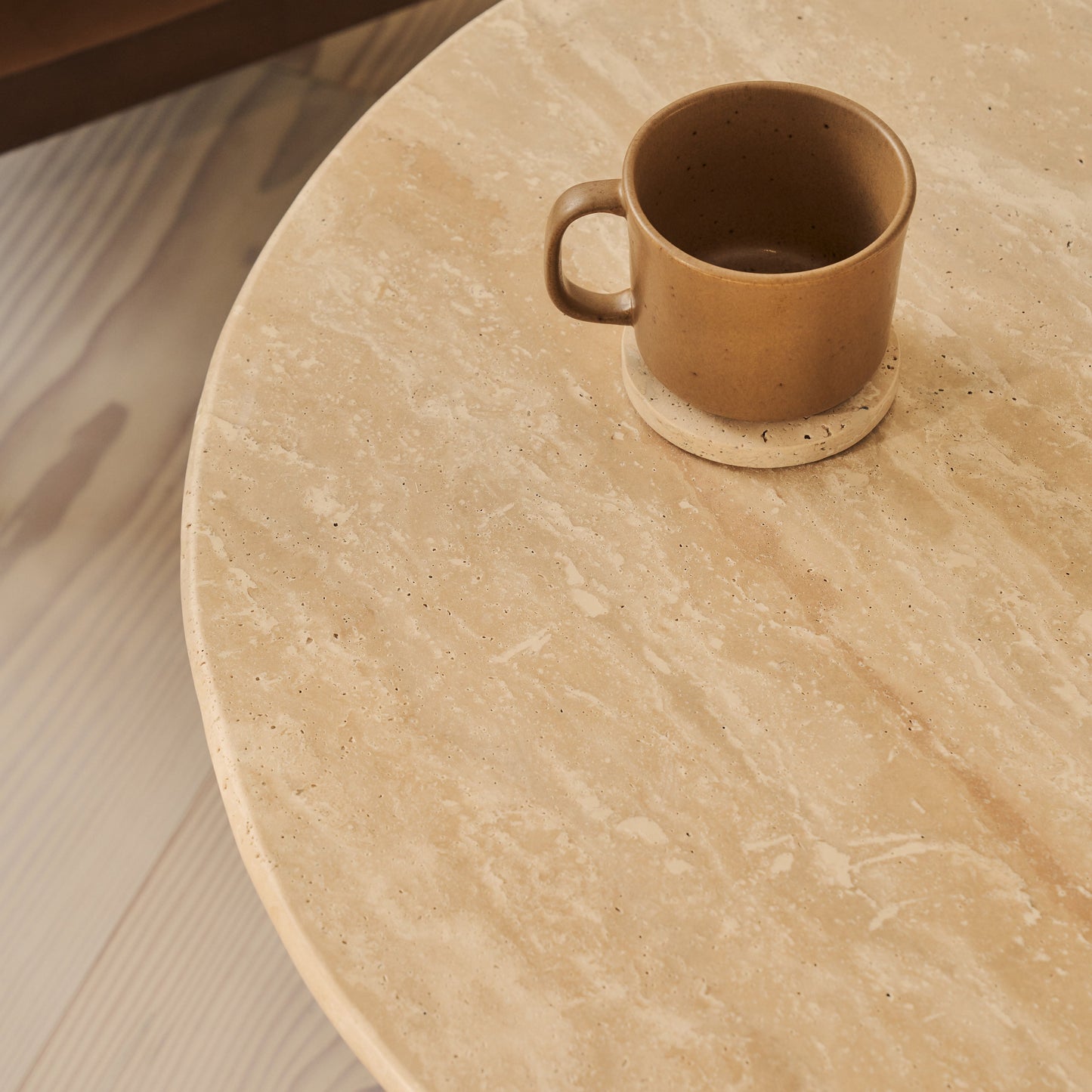 Trivium - Beige Travertine Round Dark Wood Premium Coffee Table