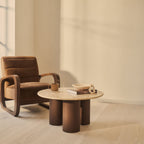 Trivium - Beige Travertine Round Dark Wood Premium Coffee Table