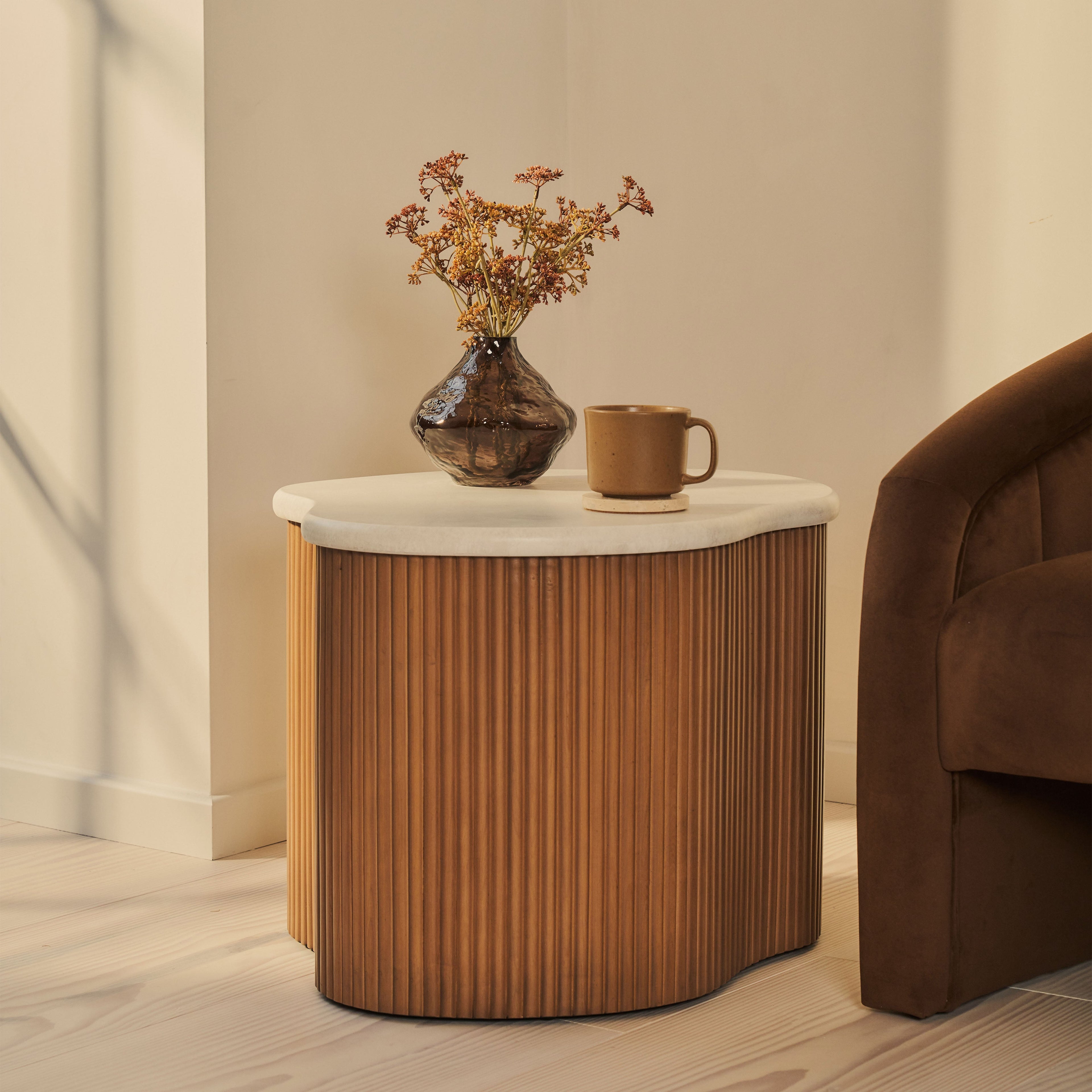 Cove - Warm Wood Ribbed Irregular Side Table