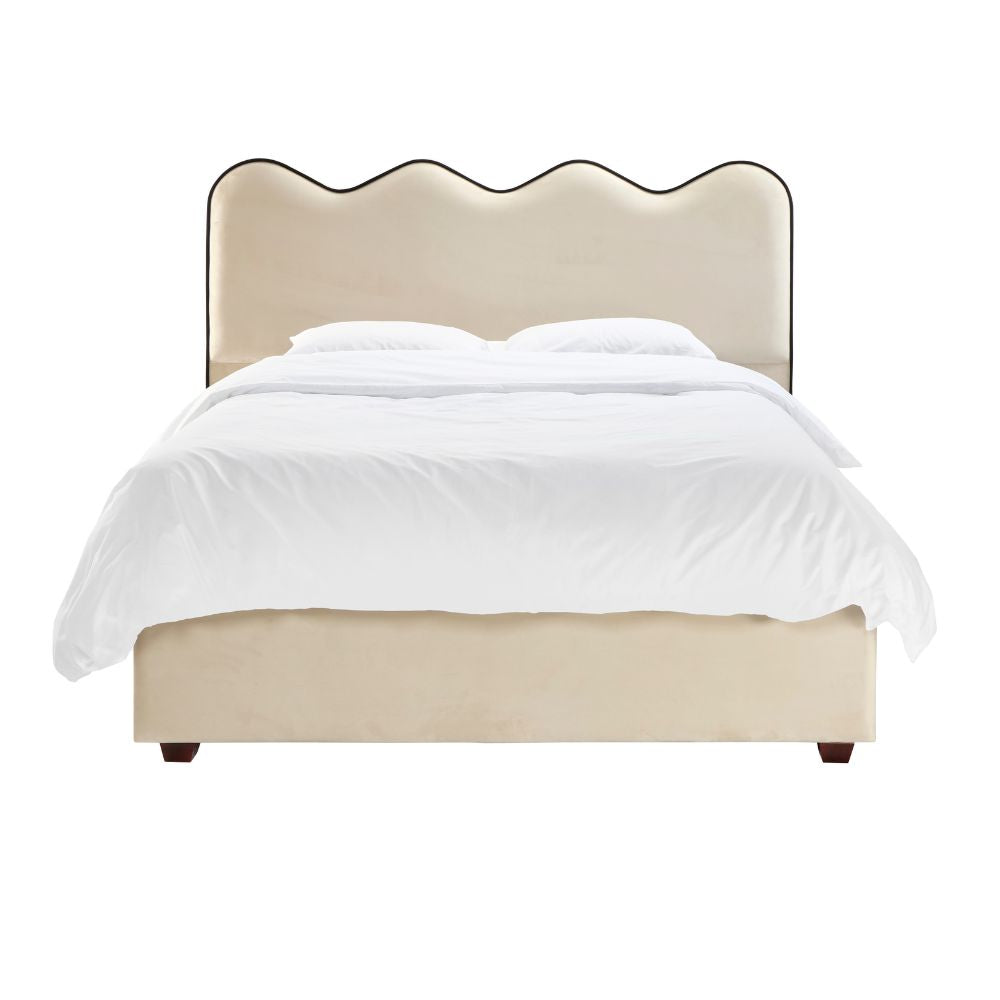Nina Luxury Wave Contrast Piping Upholstered Bed - Cream