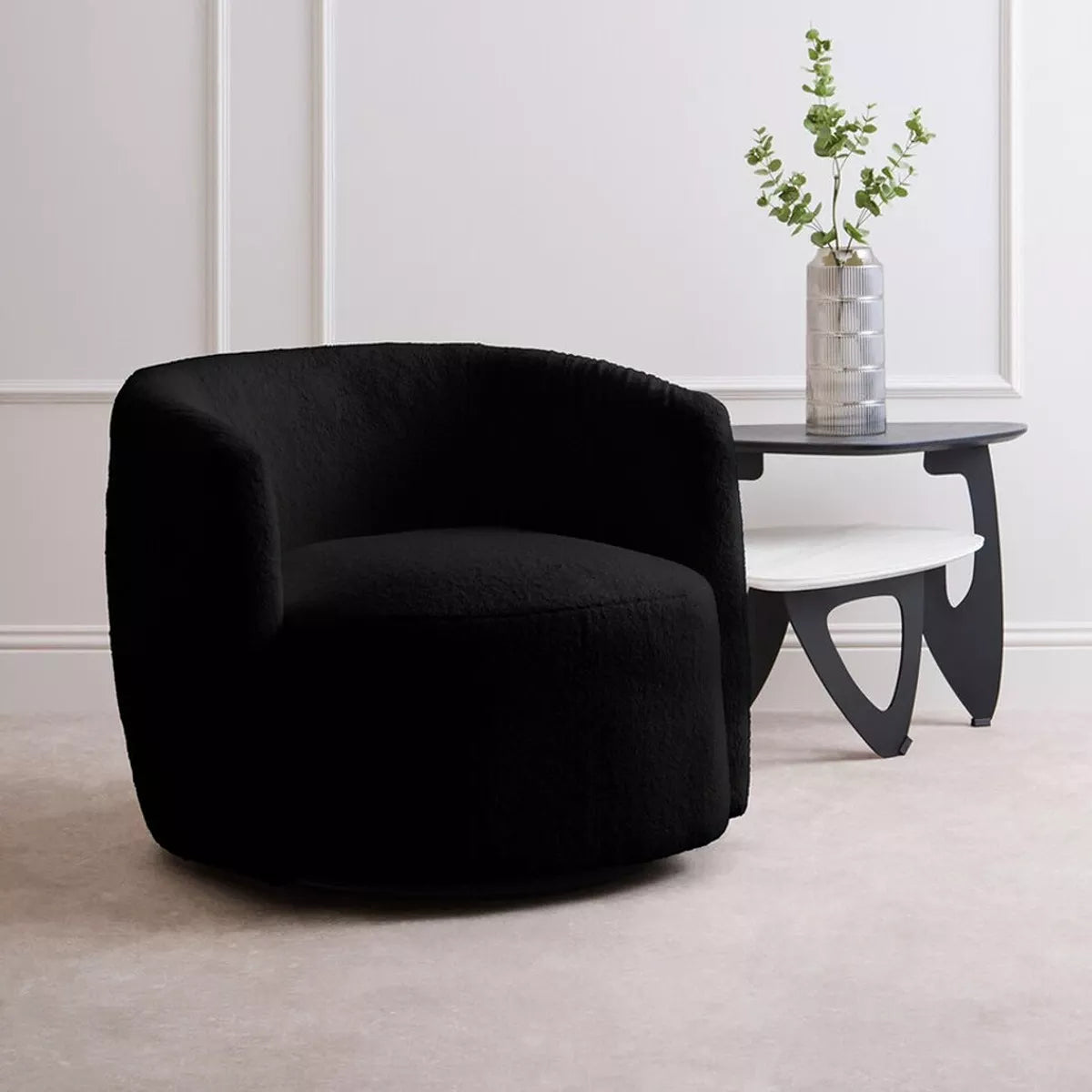 Montreal Boucle Effect Swivel Base Curved Lounge Chair - Black