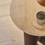 Trivium - Beige Travertine Round Dark Wood Premium Side Table