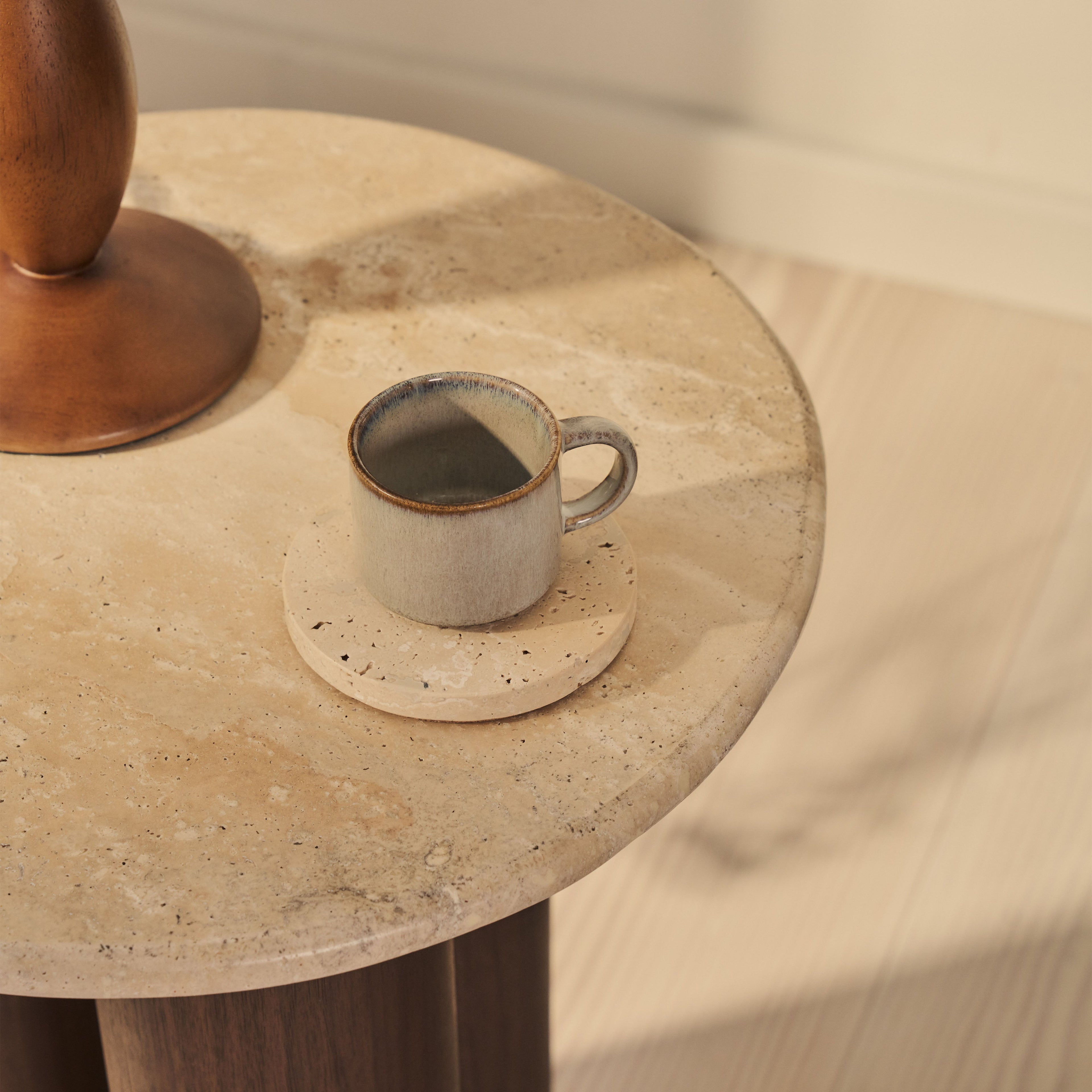 Trivium - Beige Travertine Round Dark Wood Premium Side Table