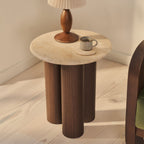 Trivium - Beige Travertine Round Dark Wood Premium Side Table
