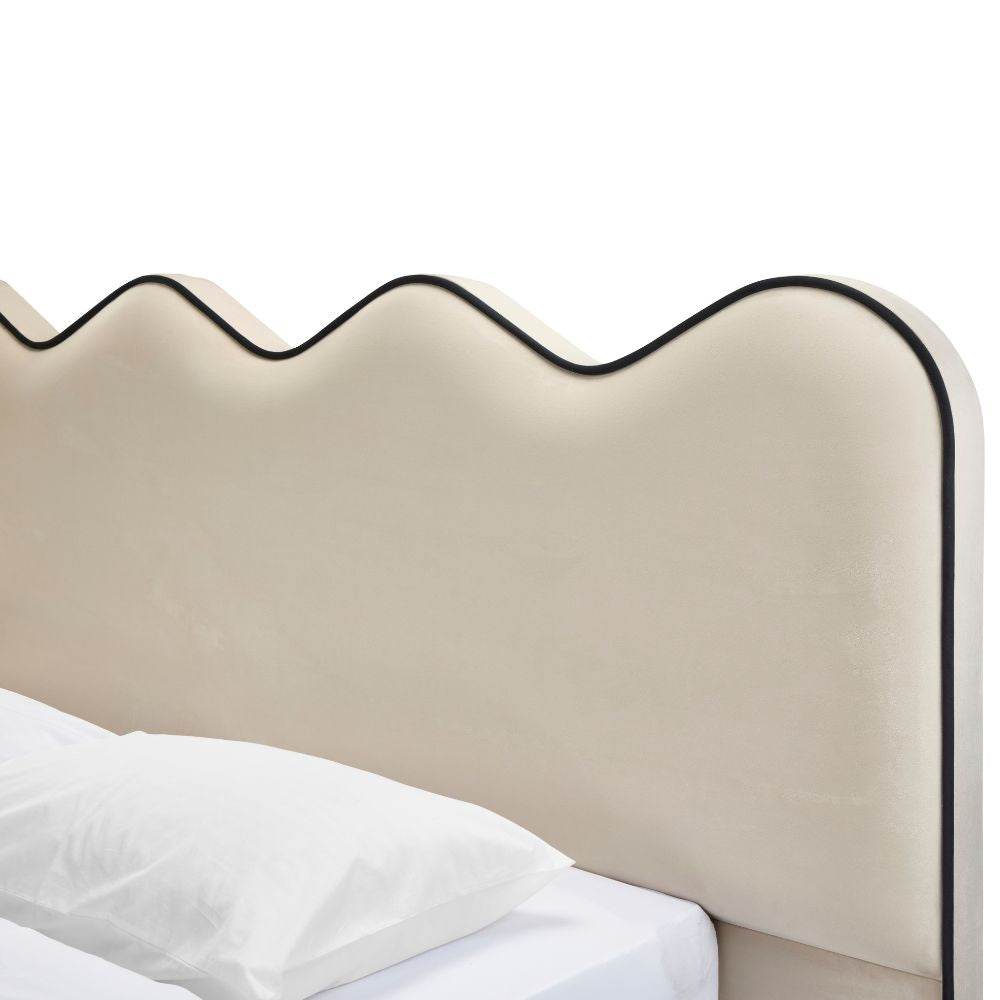 Nina Luxury Wave Contrast Piping Upholstered Bed - Cream