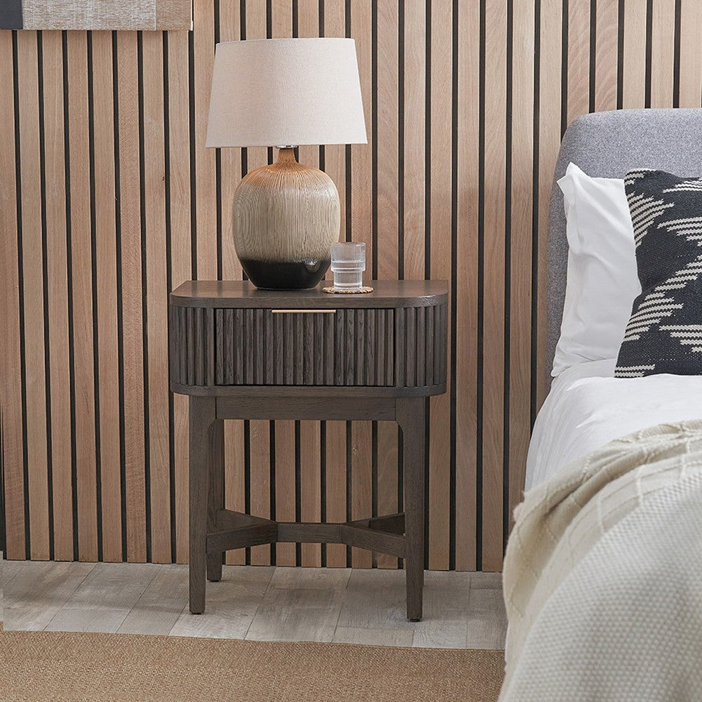 Raye Bedside Table - Dark Brown Ribbed Oak & Pine Wood