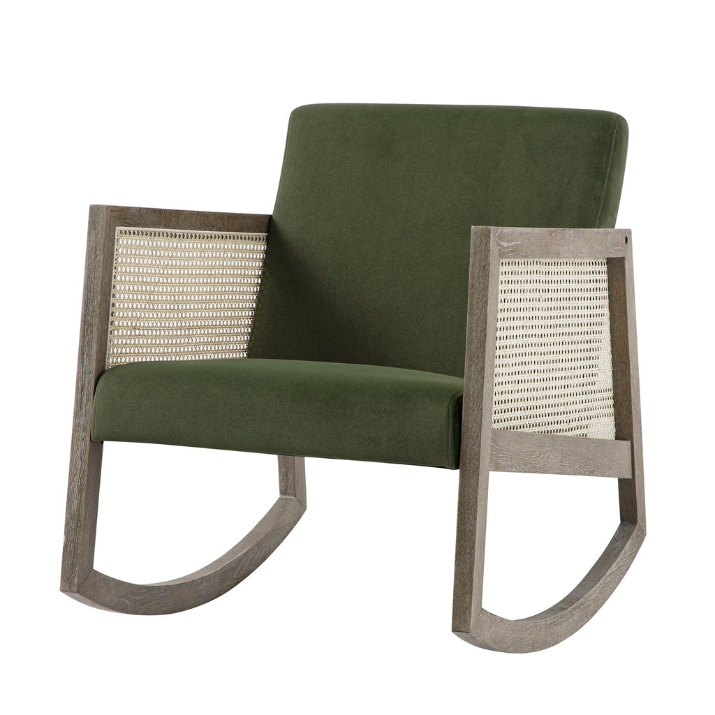 Fyne Moss Green Velvet Rocking Weathered Oak Armchair with Rattan Armrests