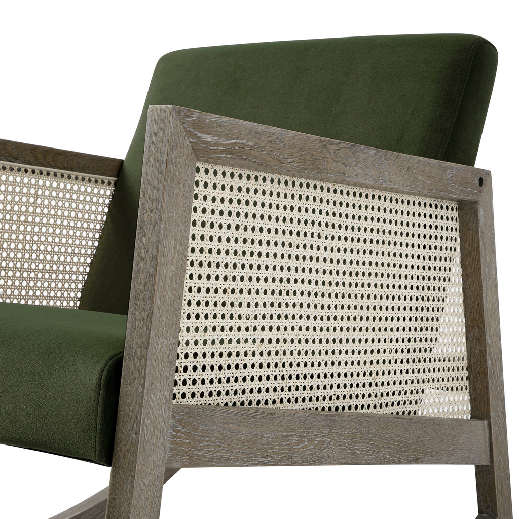Fyne Moss Green Velvet Rocking Weathered Oak Armchair with Rattan Armrests