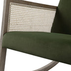 Fyne Moss Green Velvet Rocking Weathered Oak Armchair with Rattan Armrests
