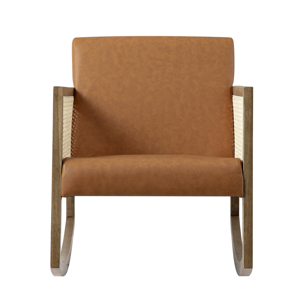 Fyne Tan Faux Leather Rocking Light Walnut Armchair with Rattan Armrests
