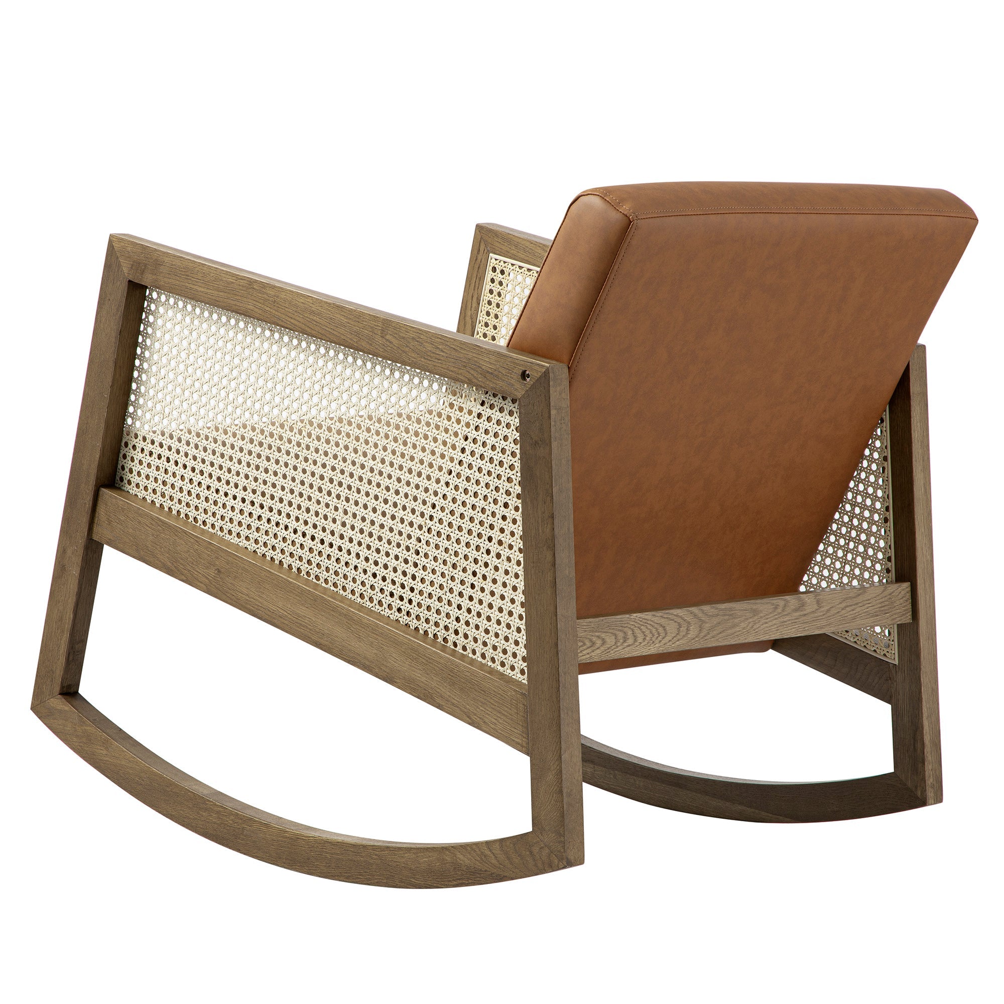 Fyne Tan Faux Leather Rocking Light Walnut Armchair with Rattan Armrests