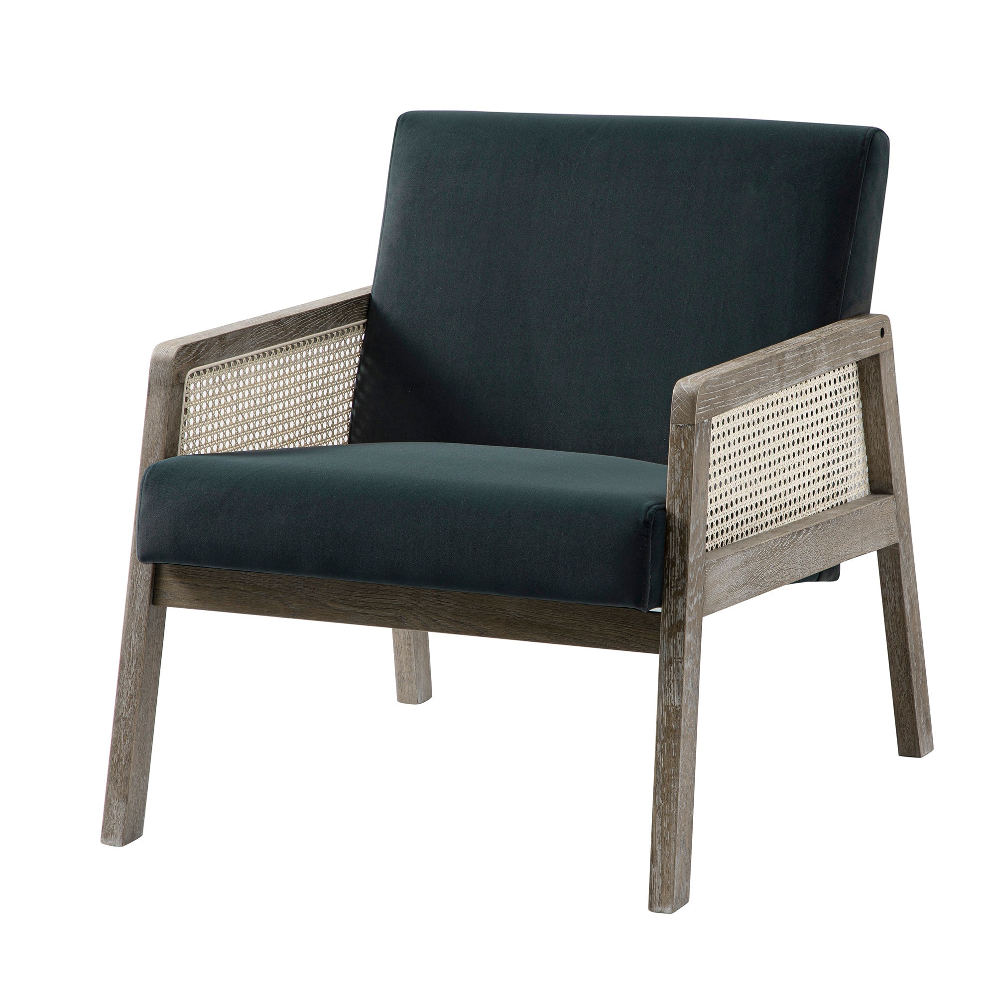 Fyne Aegean Blue Velvet Weathered Oak Frame Rattan Armchair