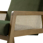 Fyne Moss Green Velvet Light Walnut Frame Rattan Armchair