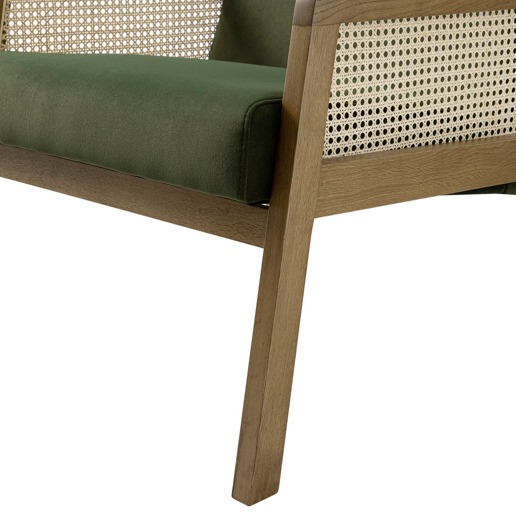 Fyne Moss Green Velvet Light Walnut Frame Rattan Armchair