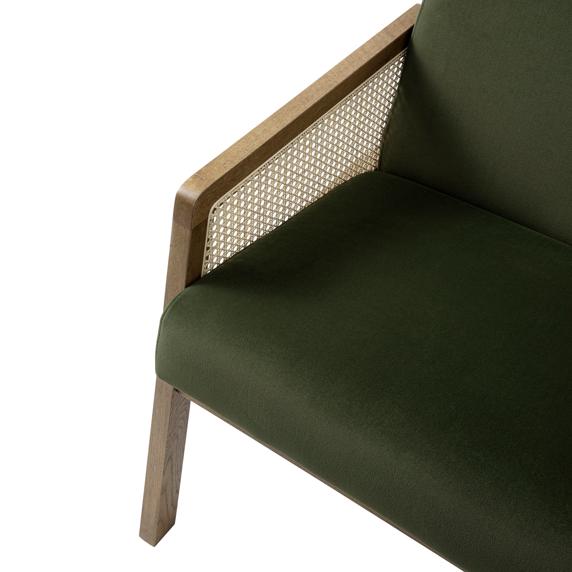 Fyne Moss Green Velvet Light Walnut Frame Rattan Armchair