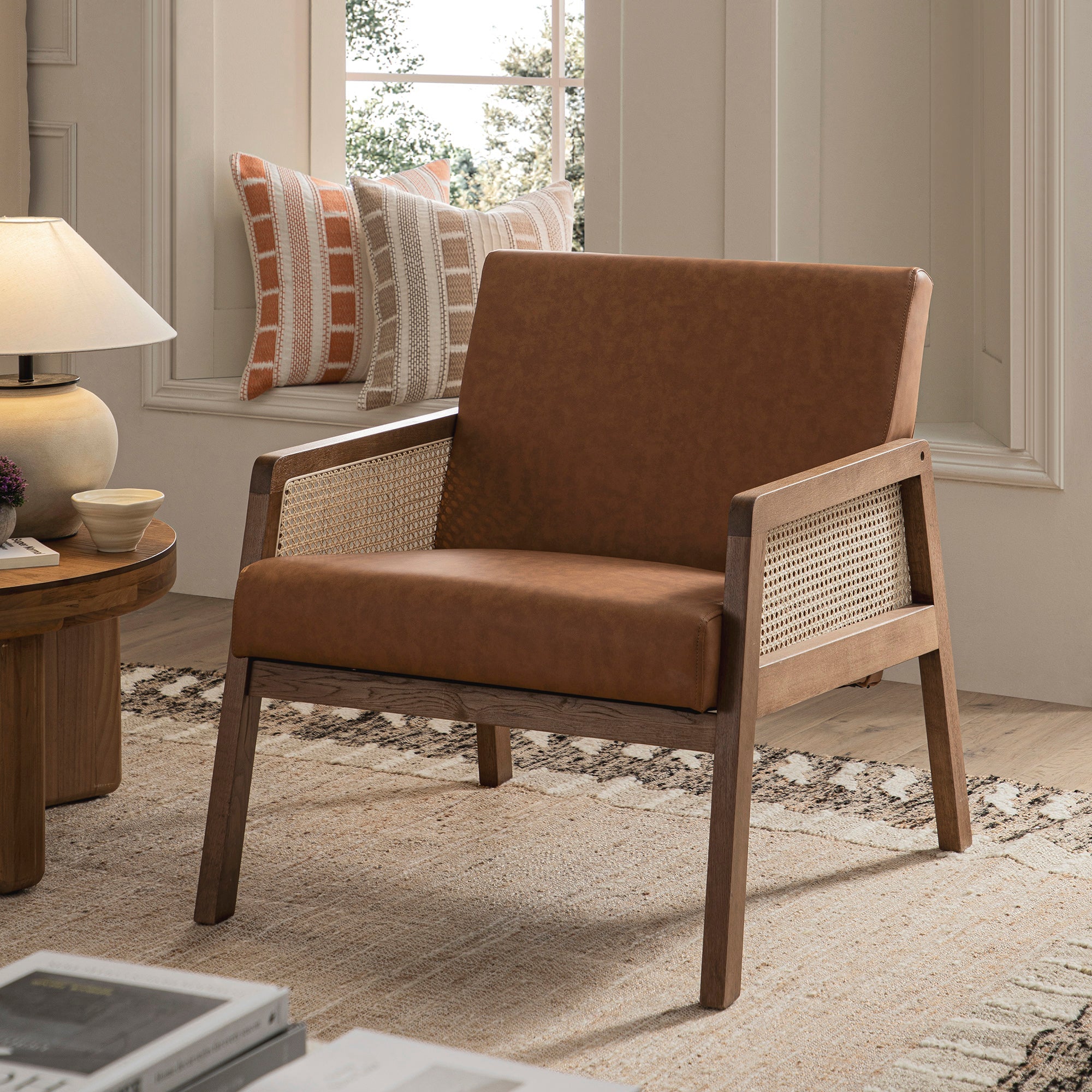 Fyne Tan Faux Leather Light Walnut Frame Rattan Armchair