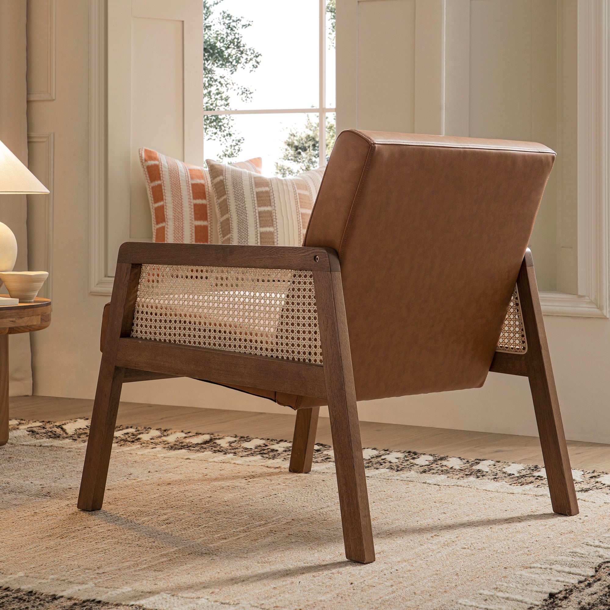 Fyne Tan Faux Leather Light Walnut Frame Rattan Armchair