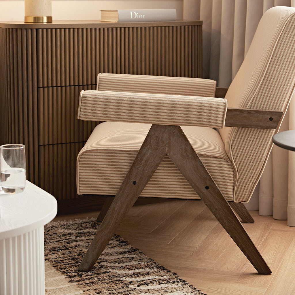 Chinnor Ochre Striped Linen Blend Weathered Oak Frame Accent Chair