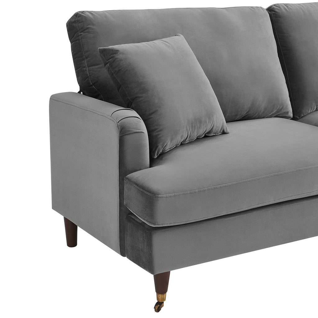 Brigette 3 Seater Grey Velvet Sofa with Antique Brass Castor Legs