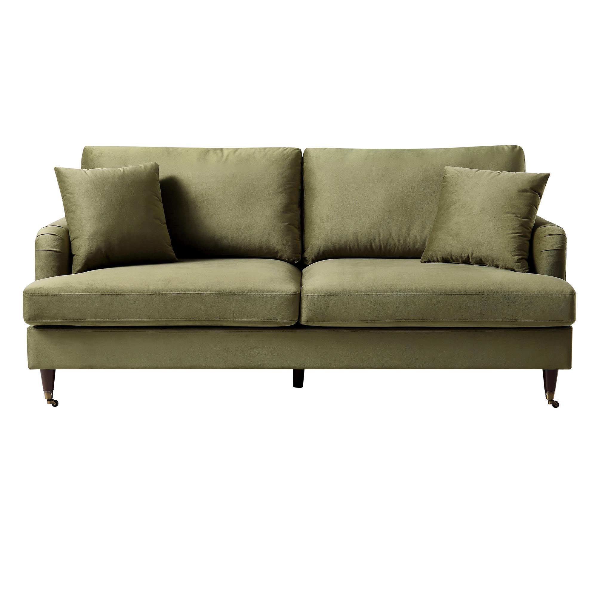 Brigette 3-Seater Olive Green Velvet Sofa with Antique Brass Castor Legs