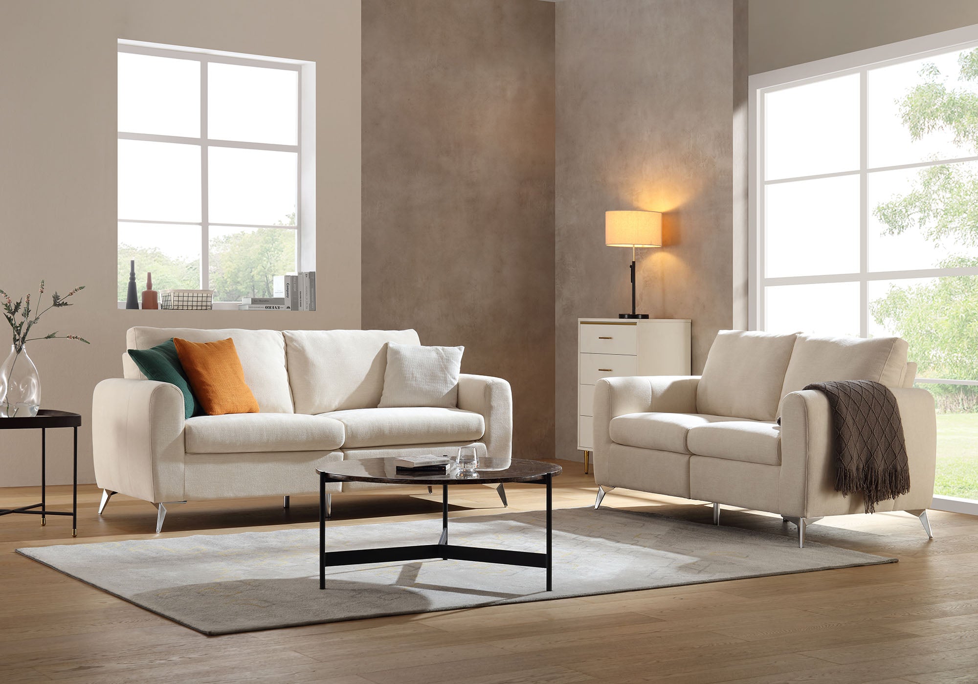 Noak 3-Seater Beige Woven Fabric Sofa with Chrome Legs