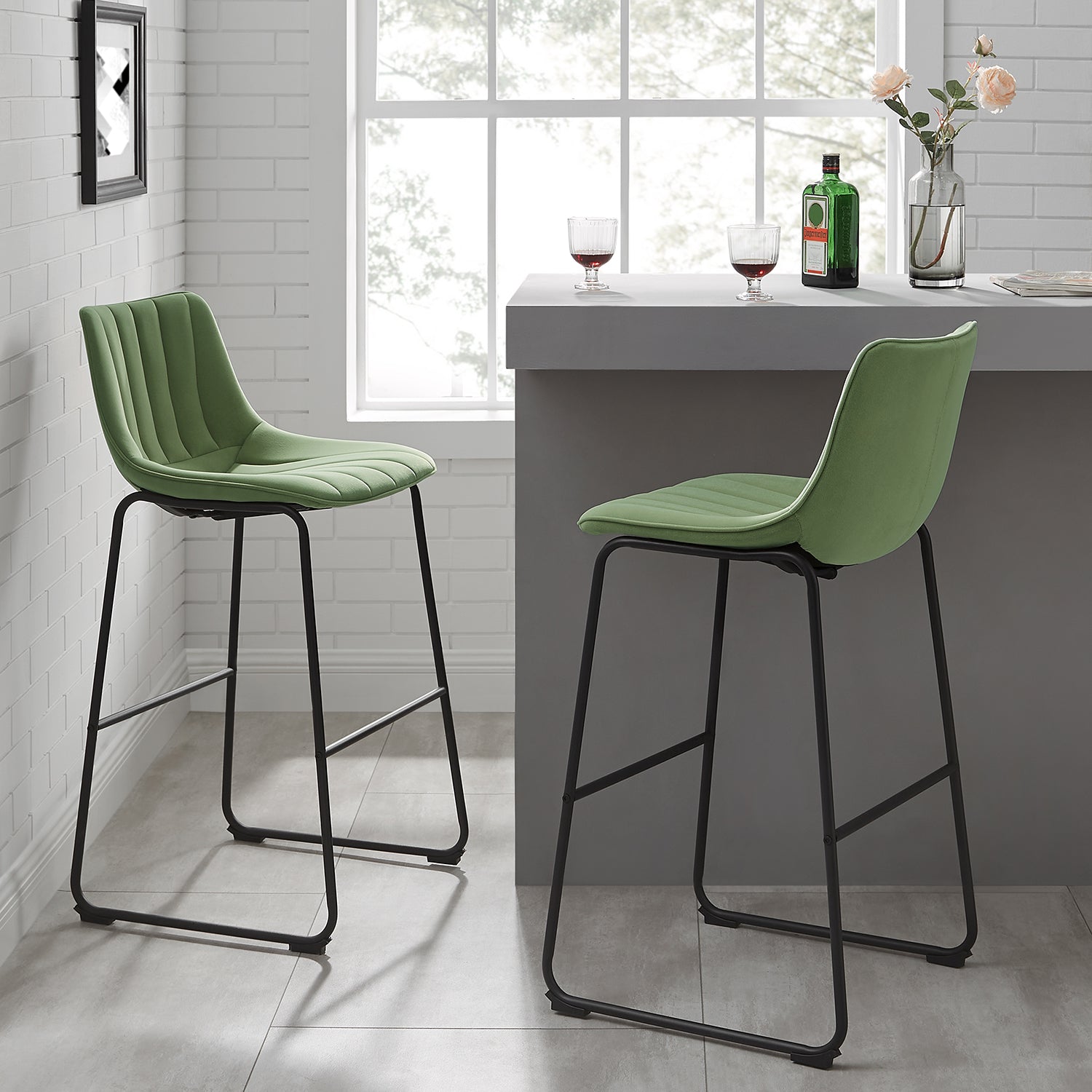 Sutton Set of 2 Barstools with Fluted Back (Sage Green Velvet)