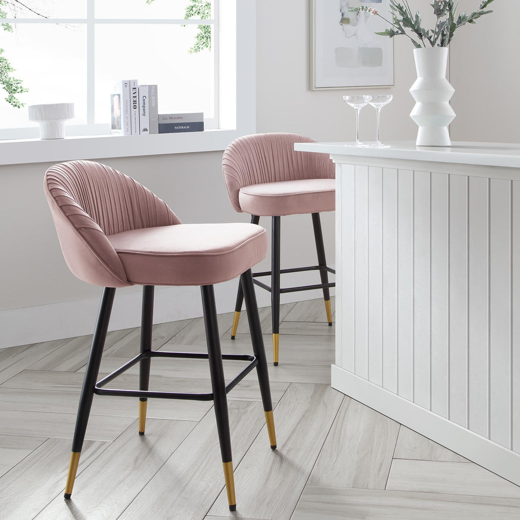 Miyae Set of 2 Pleated Pale Pink Velvet Upholstered Counter Stools
