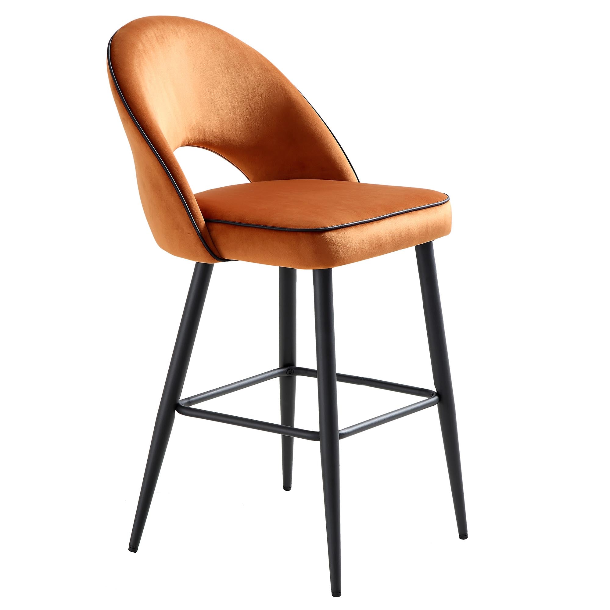 Oakley Set of 2 Orange Velvet Upholstered Counter Stools with Contrast Piping