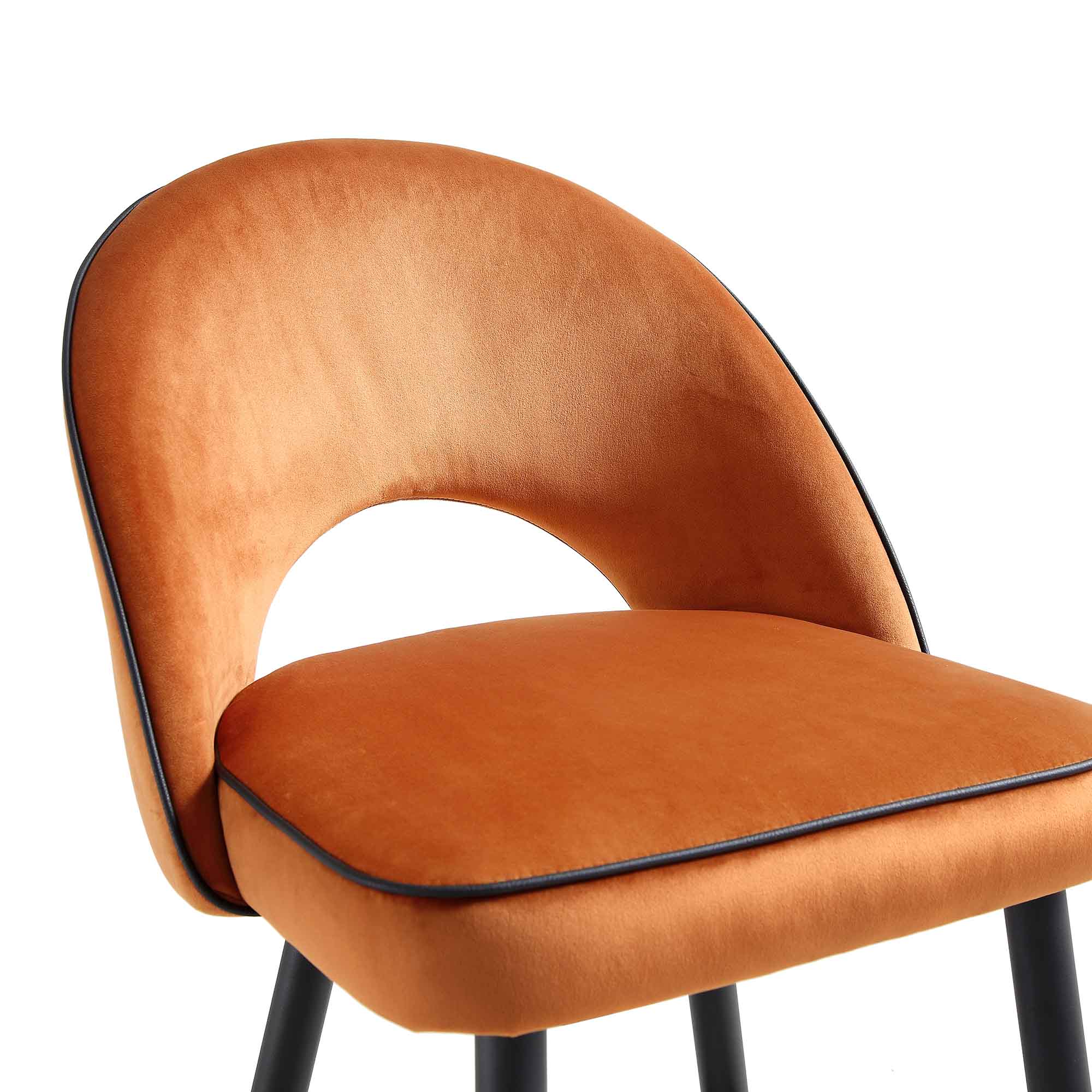 Oakley Set of 2 Orange Velvet Upholstered Counter Stools with Contrast Piping