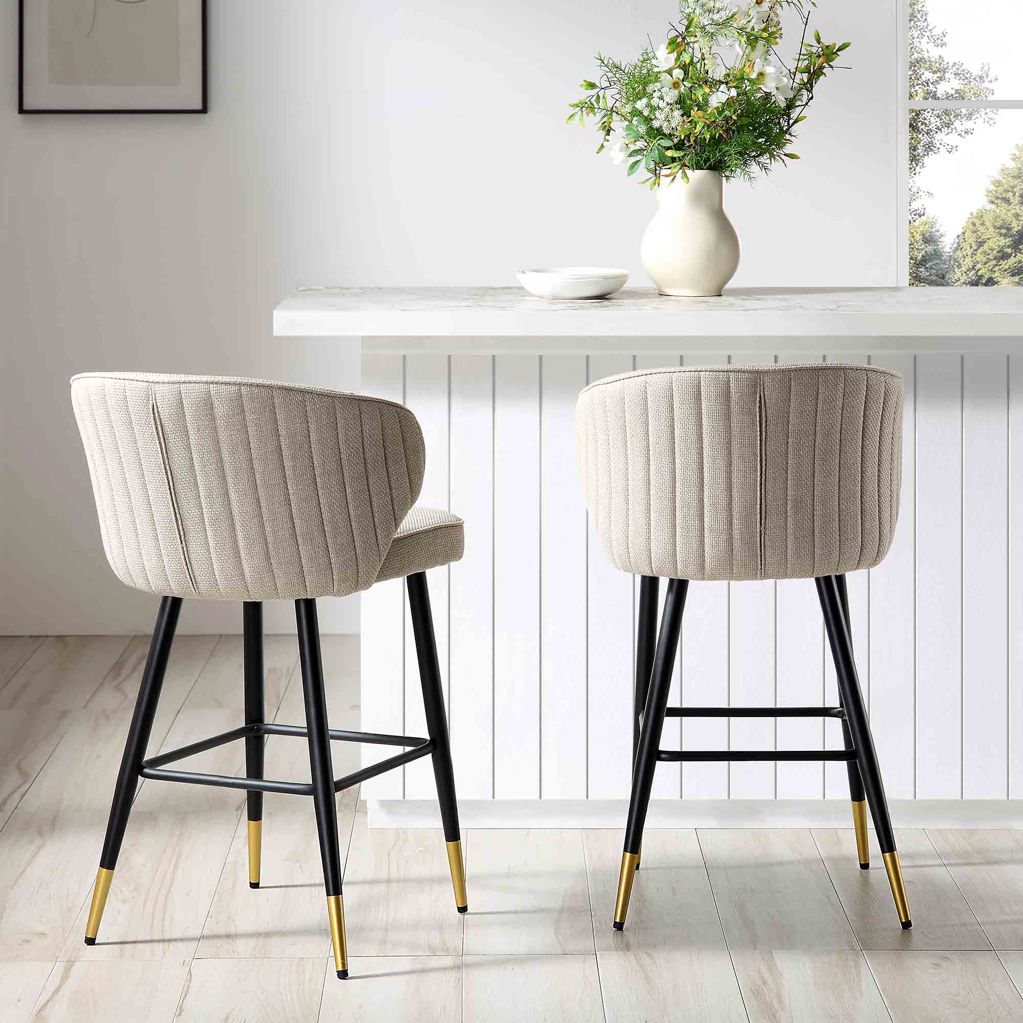 Langham Set of 2 Oatmeal Woven Fabric Upholstered Carver Counter Stools