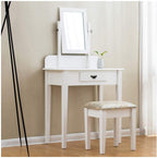 1-Drawer White Dressing Table with Stool & Single Square Mirror