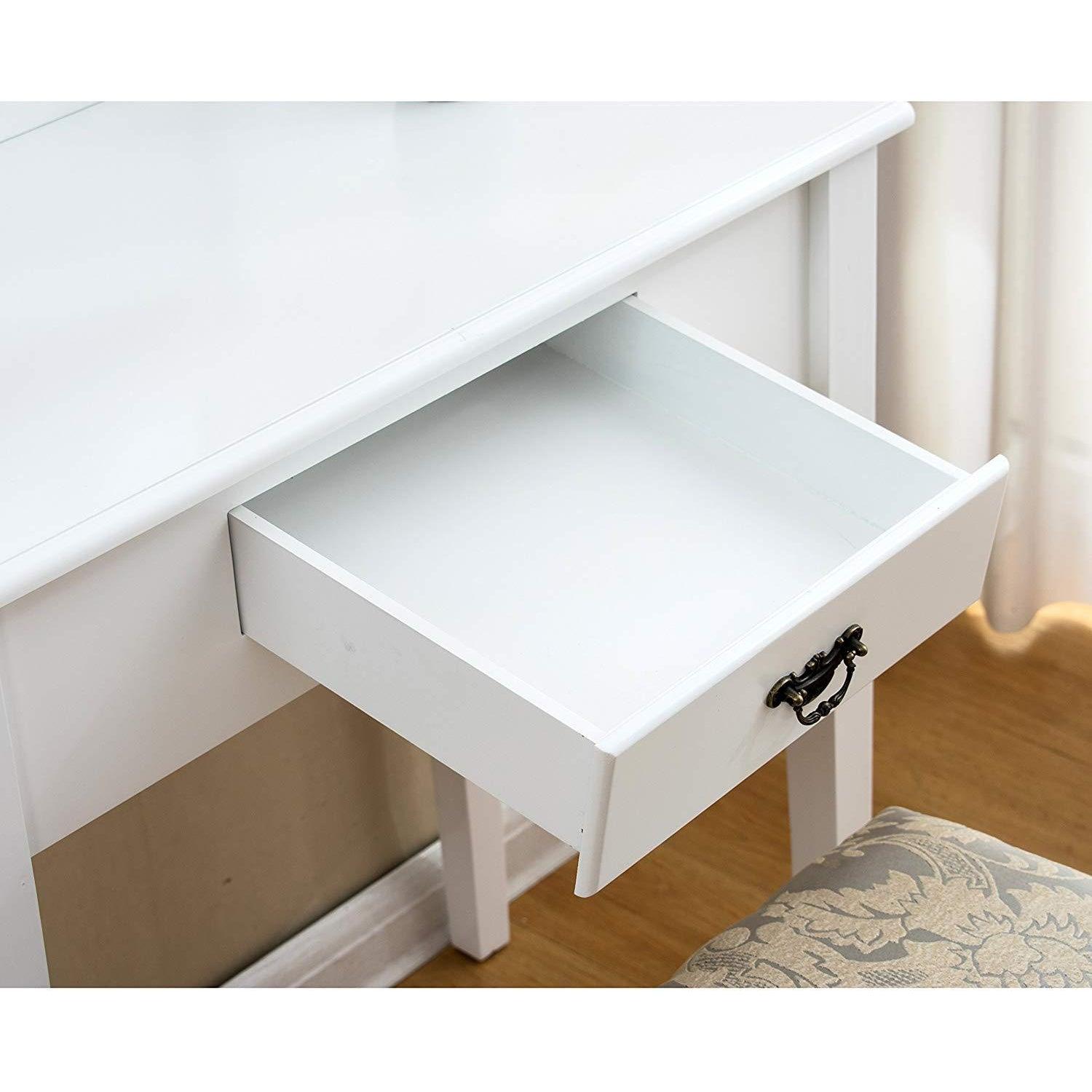 1-Drawer White Dressing Table with Stool & Single Square Mirror