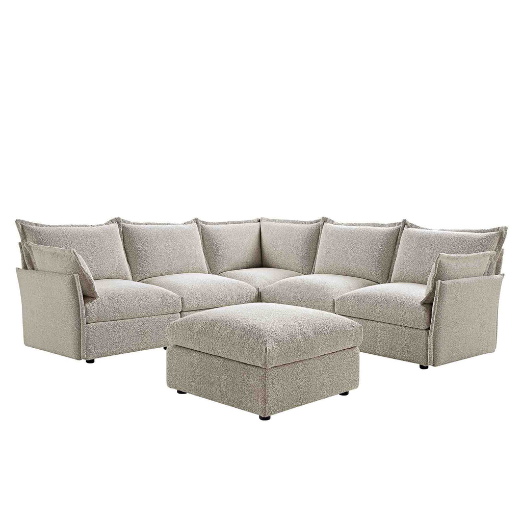 Byron Pillow Edge Mist Grey Boucle Modular Sofa, 5-Seater Corner & Stool Set