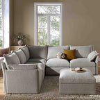 Byron Pillow Edge Mist Grey Boucle Modular Sofa, 5-Seater Corner & Stool Set