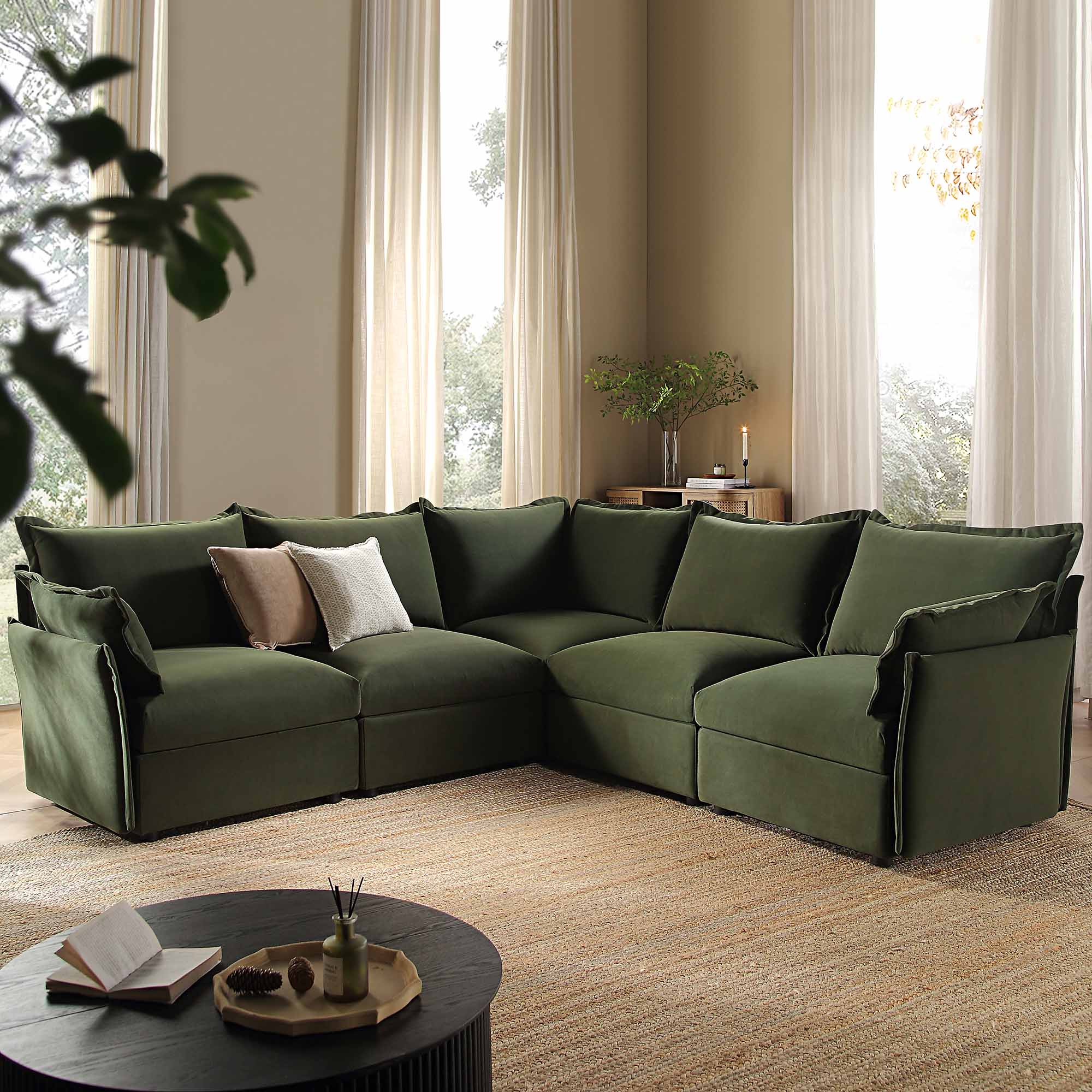 Byron Pillow Edge Moss Green Velvet Modular Sofa, 5-Seater Corner