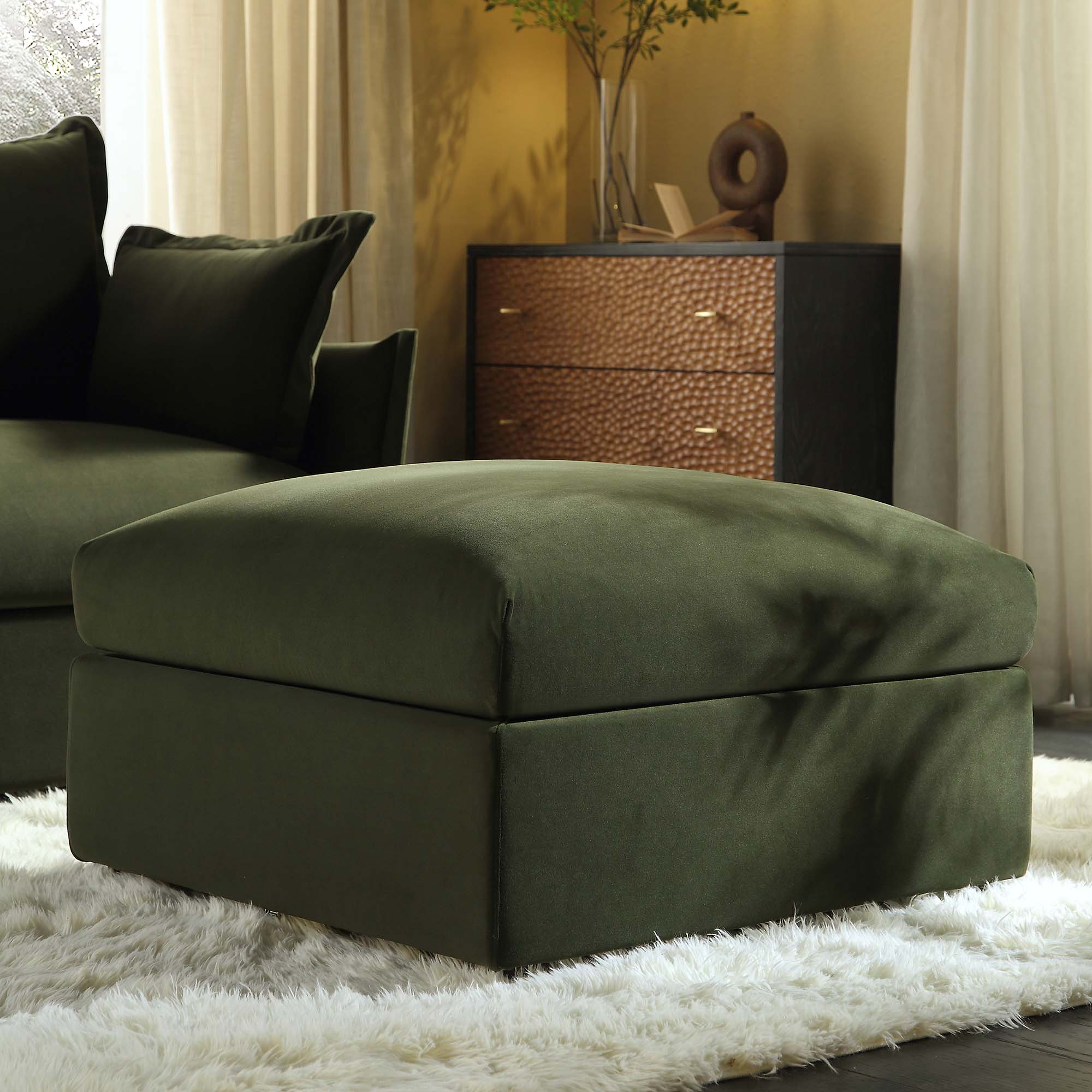 Byron Moss Green Velvet Fabric Pouffe