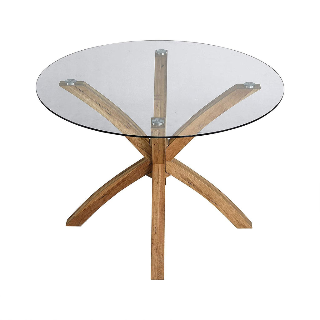Lugano 110cm Round Glass Top Solid Oak Legs Dining Table