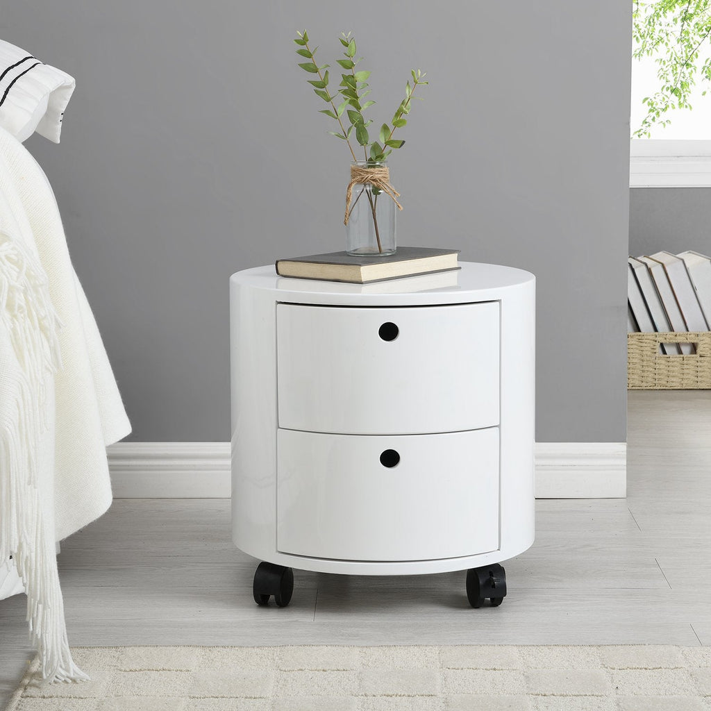 DOLIO Drum Chest Bedside Table, Barrel Side Table with Drawers High Gloss White 2 Drawer
