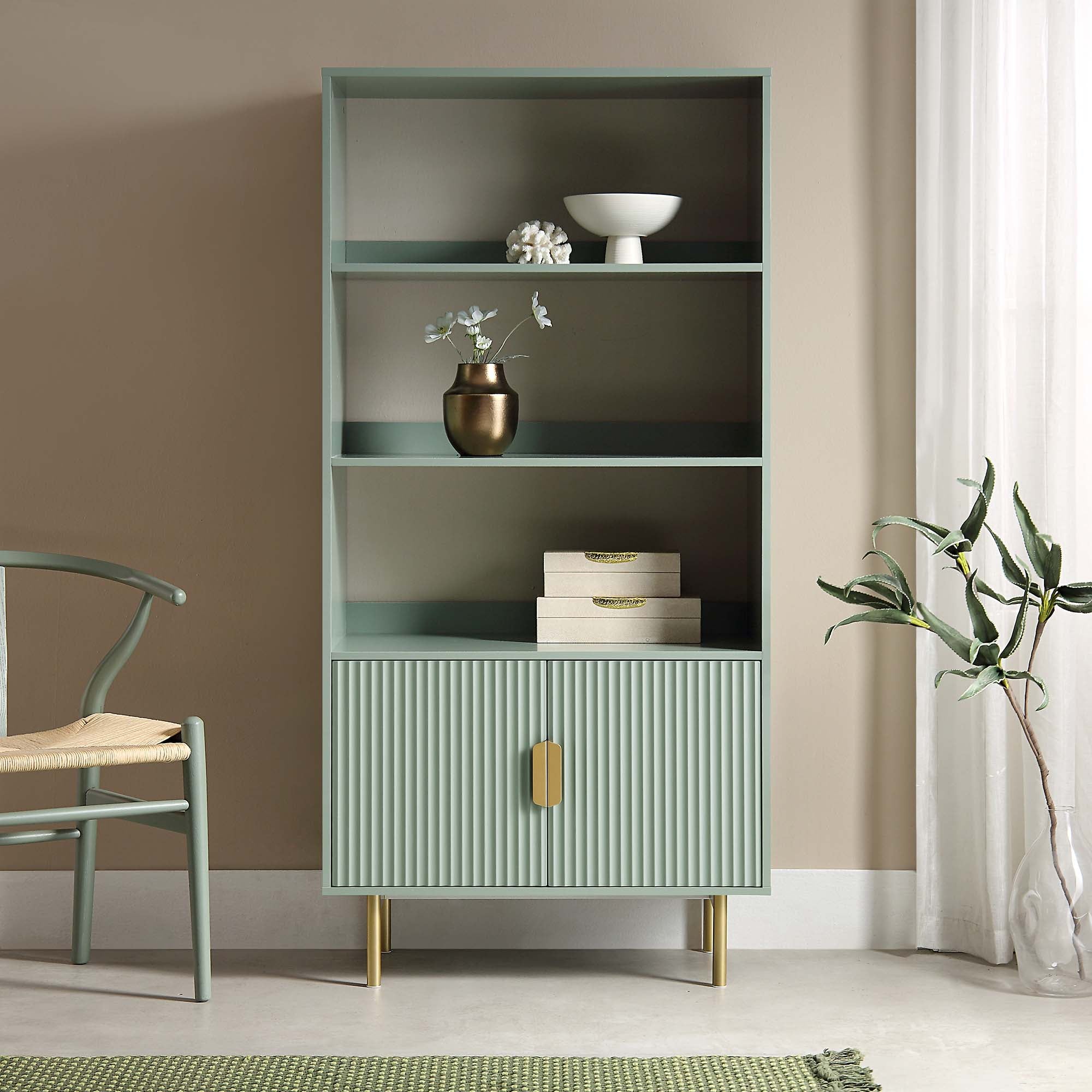 Richmond Ridged Tall Bookcase with Doors, Matte Sage Green