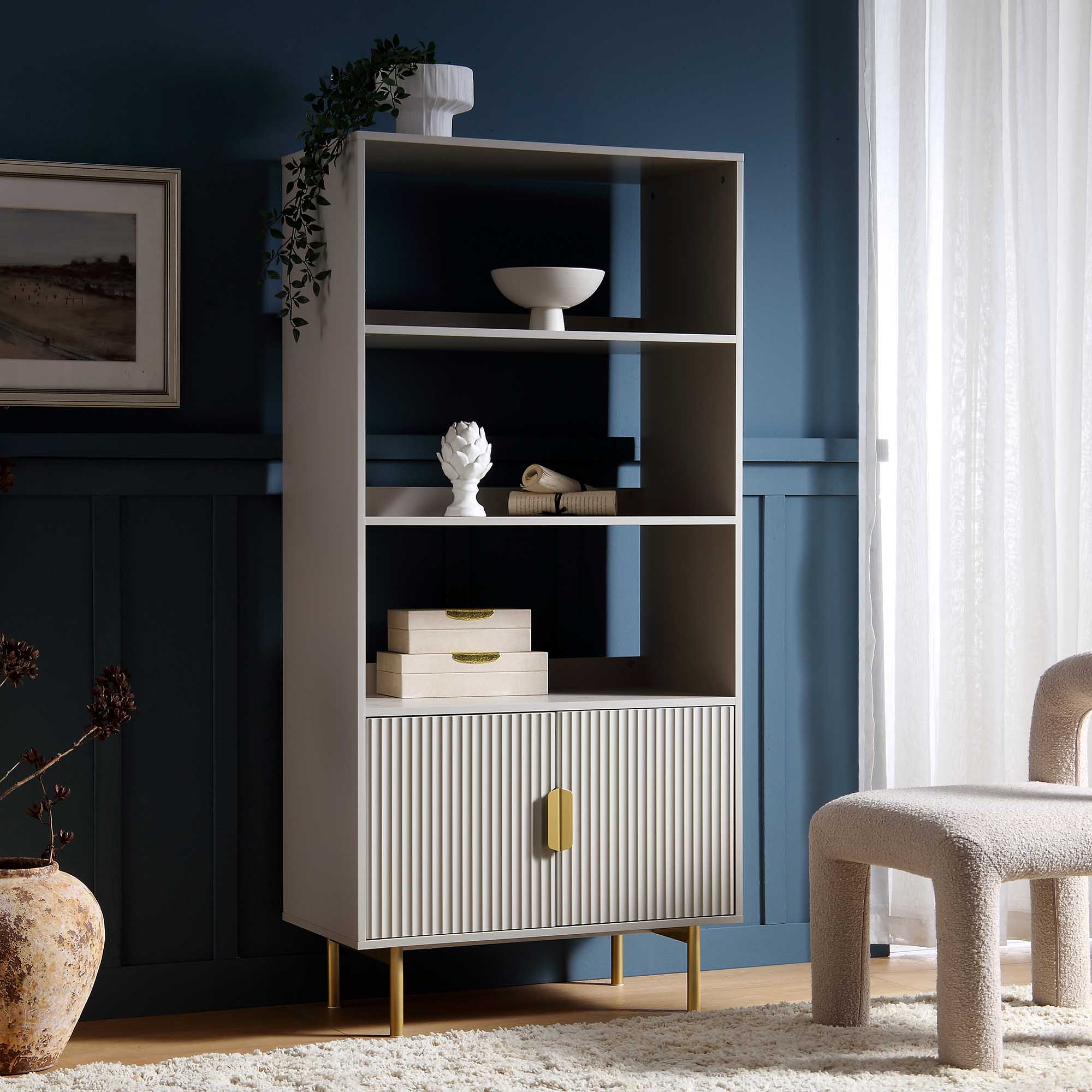 Richmond Ridged Tall Bookcase with Doors, Matte Taupe