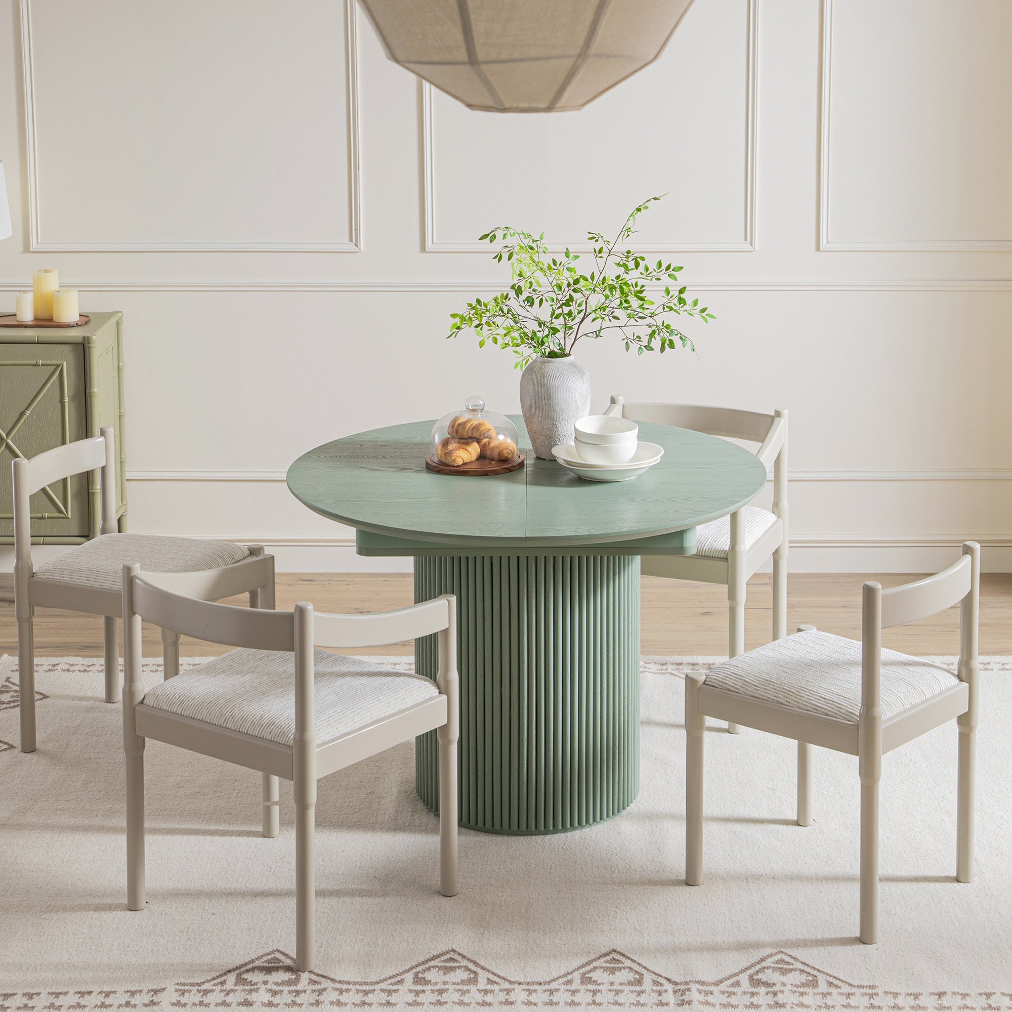 Maru Round 4-6 Seater Extending Oak Pedestal Dining Table, Sage Green
