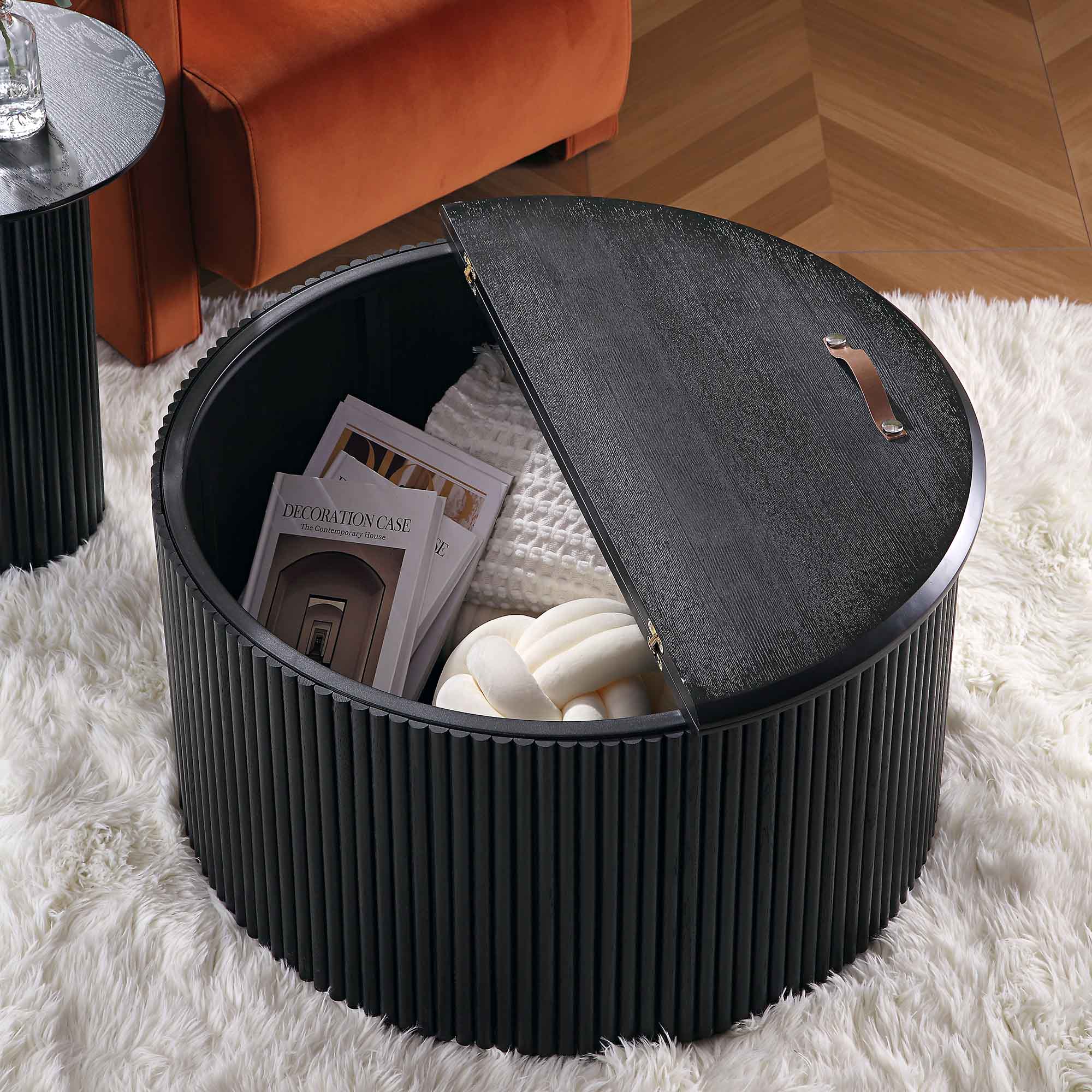 Maru Oak Round Coffee Table with Storage, Black