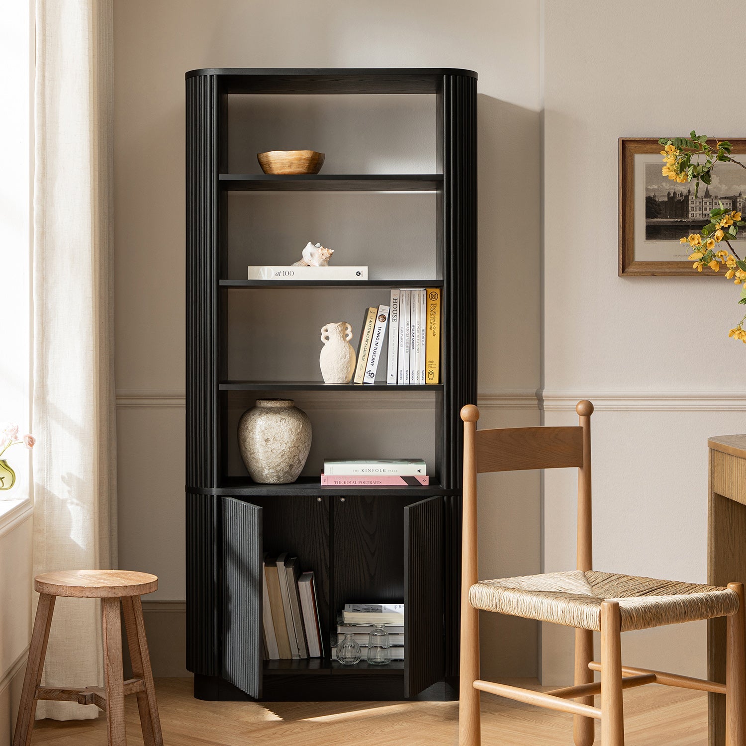 Maru Bookcase with Cabinet, Black