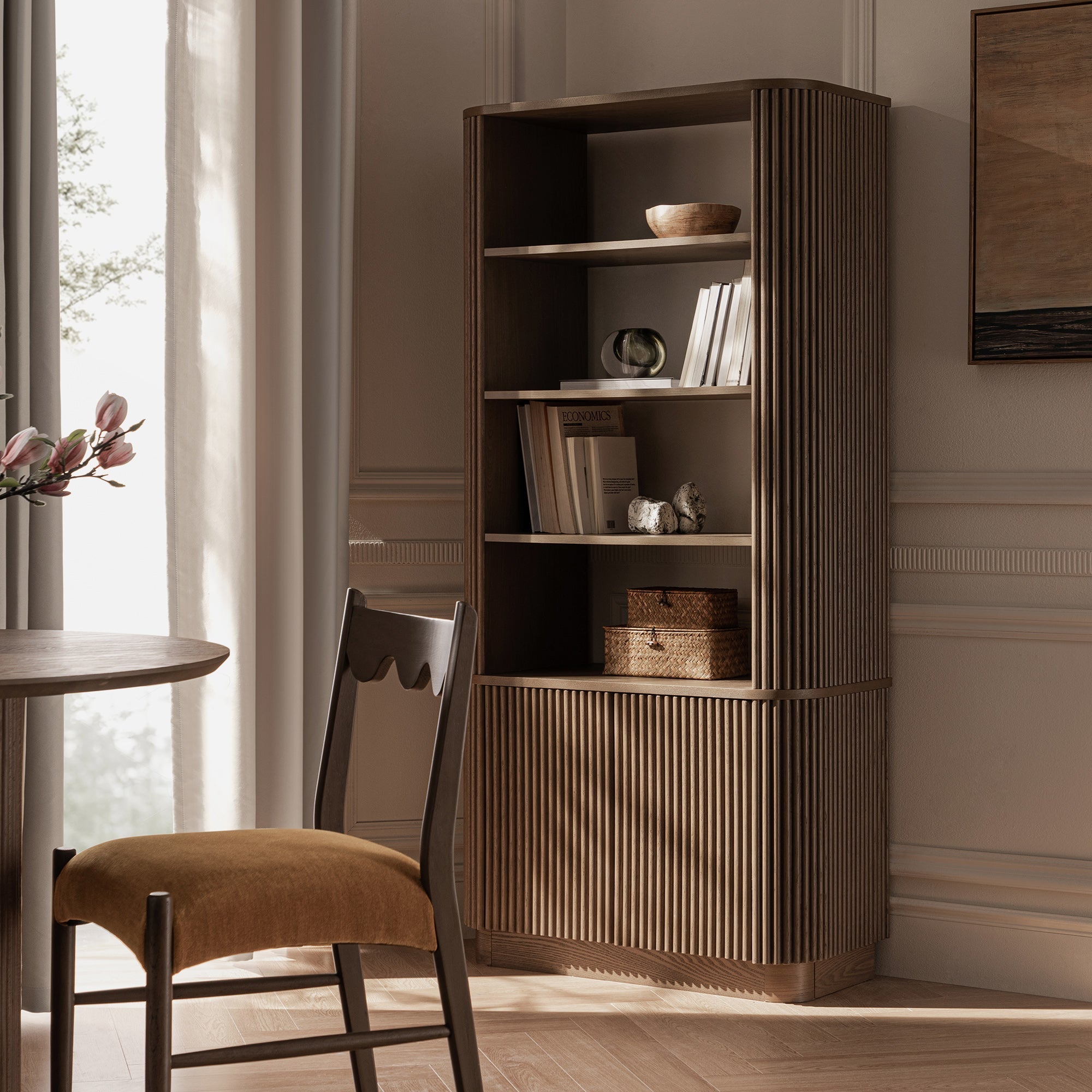 Maru Bookcase with Cabinet, Silver Oak