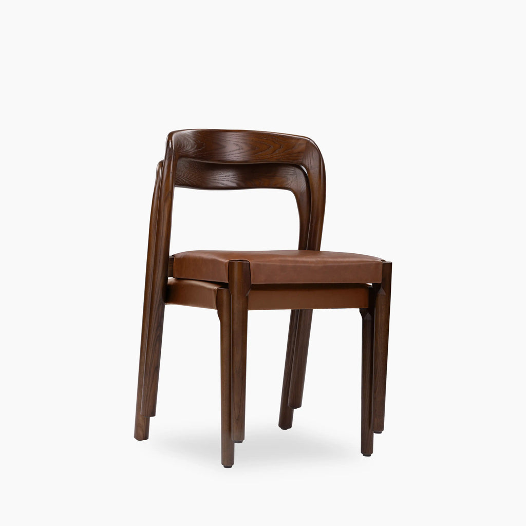 Madeleine Stackable Wooden Dining Chair | Vintage Tan Faux Leather & Walnut