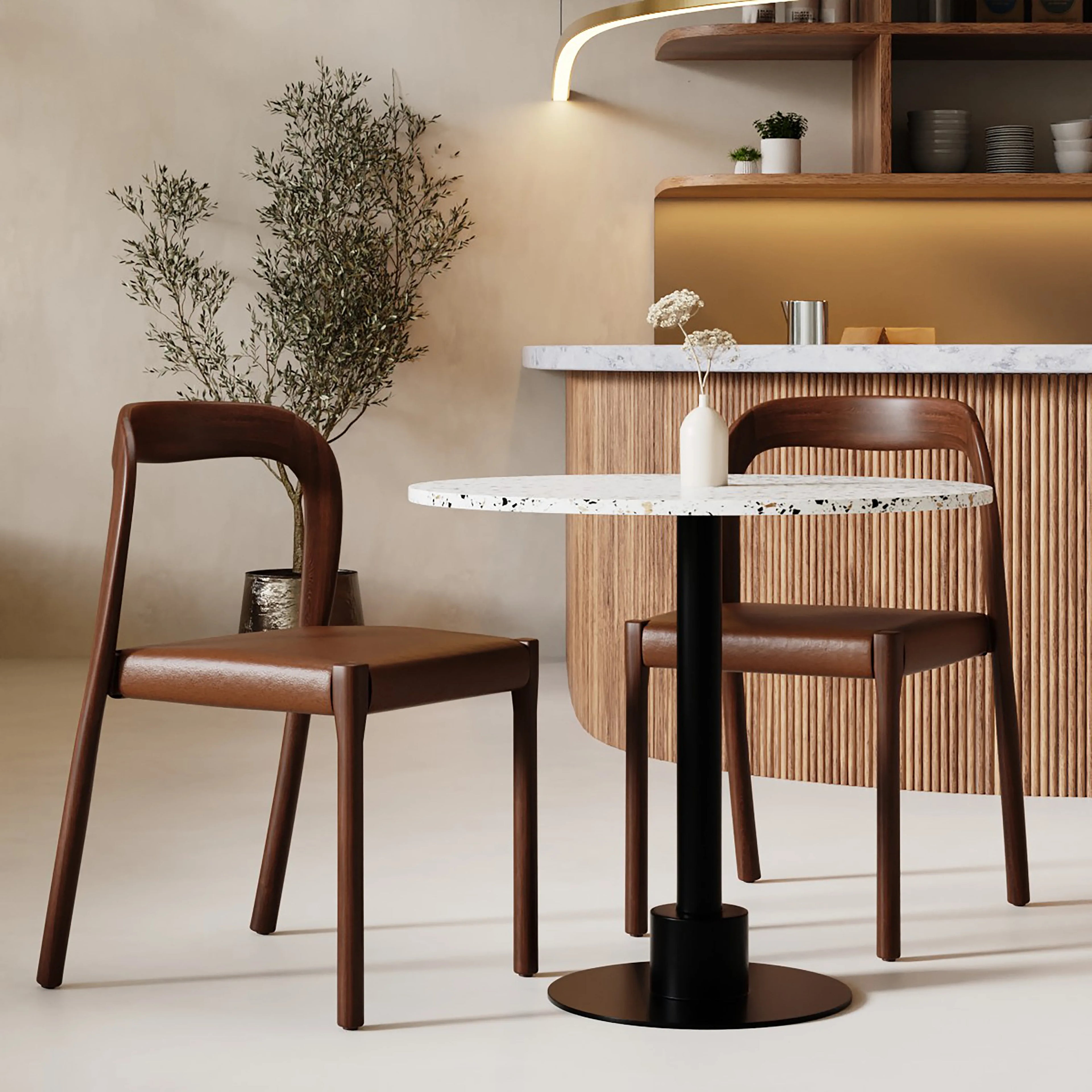 Madeleine Stackable Wooden Dining Chair | Vintage Tan Faux Leather & Walnut