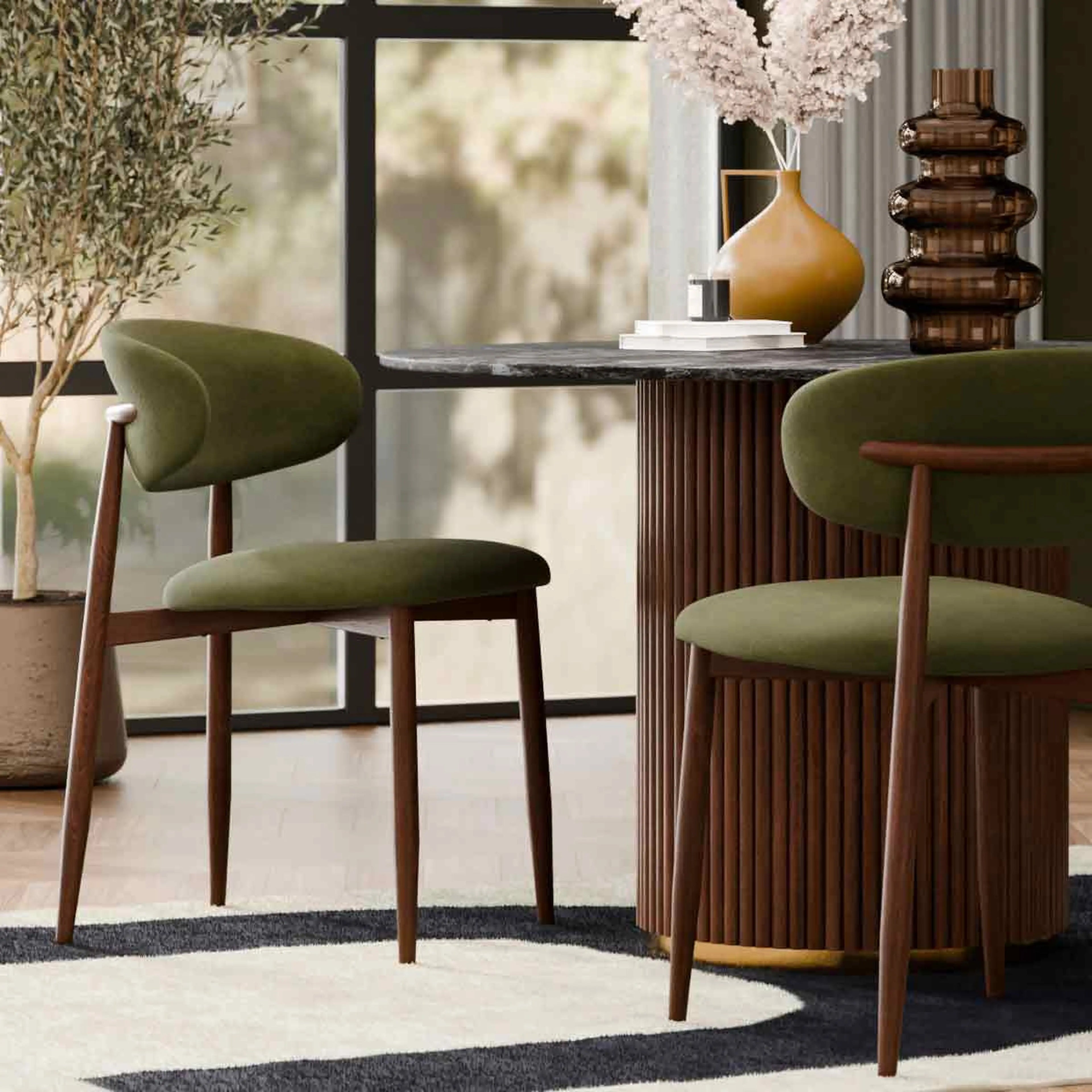 Halston Dining Chair | Olive Green Sustainable Velvet & Walnut