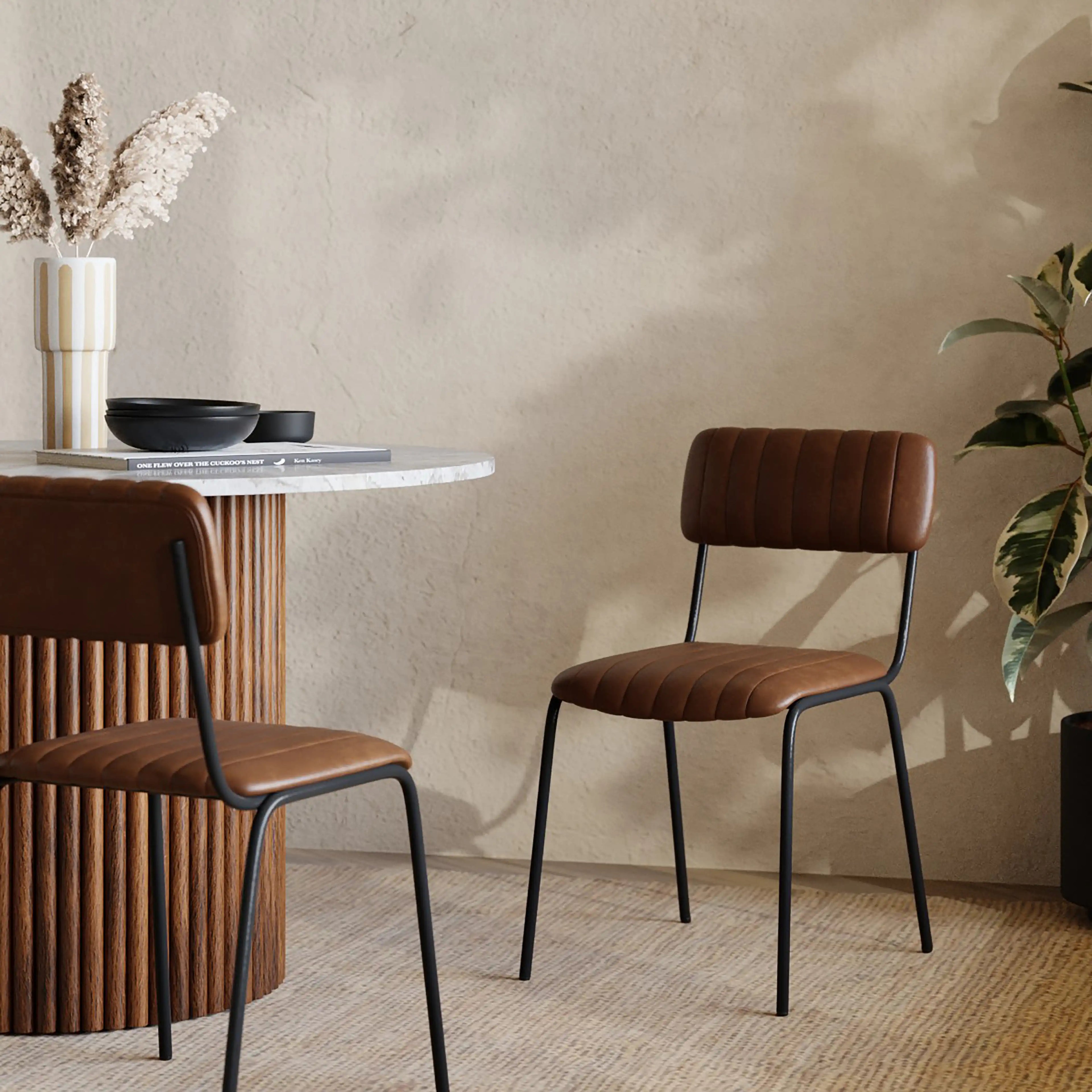 Weston Stackable Dining Chair | Vintage Tan Faux Leather & Black