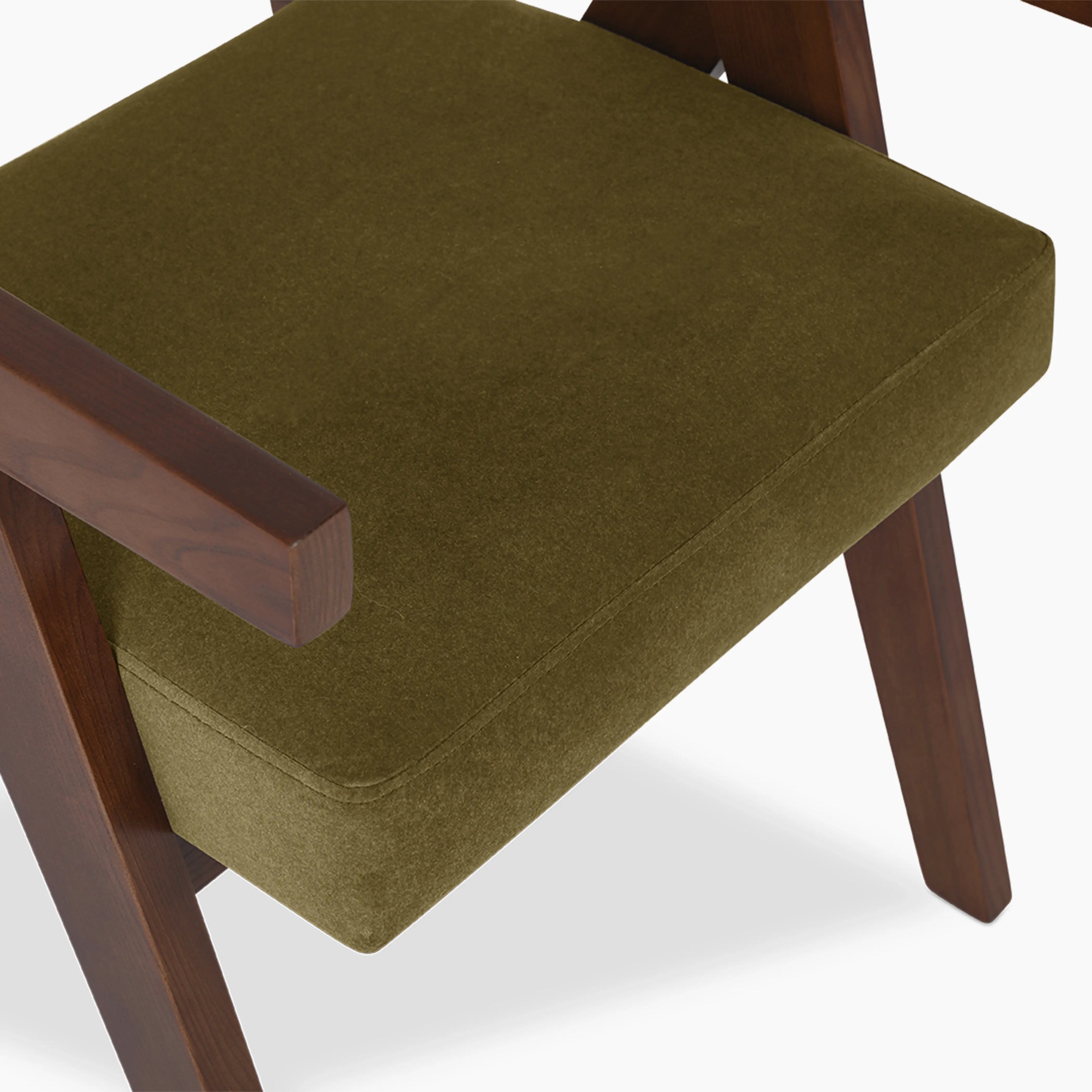 Cary Wooden Carver Dining Chair | Moss Green Sustainable Mohair Velvet & Walnut